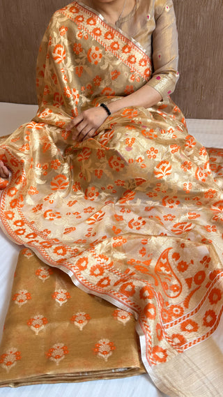 Iktara tissue silk orange meenakari jungla jamdani suit set