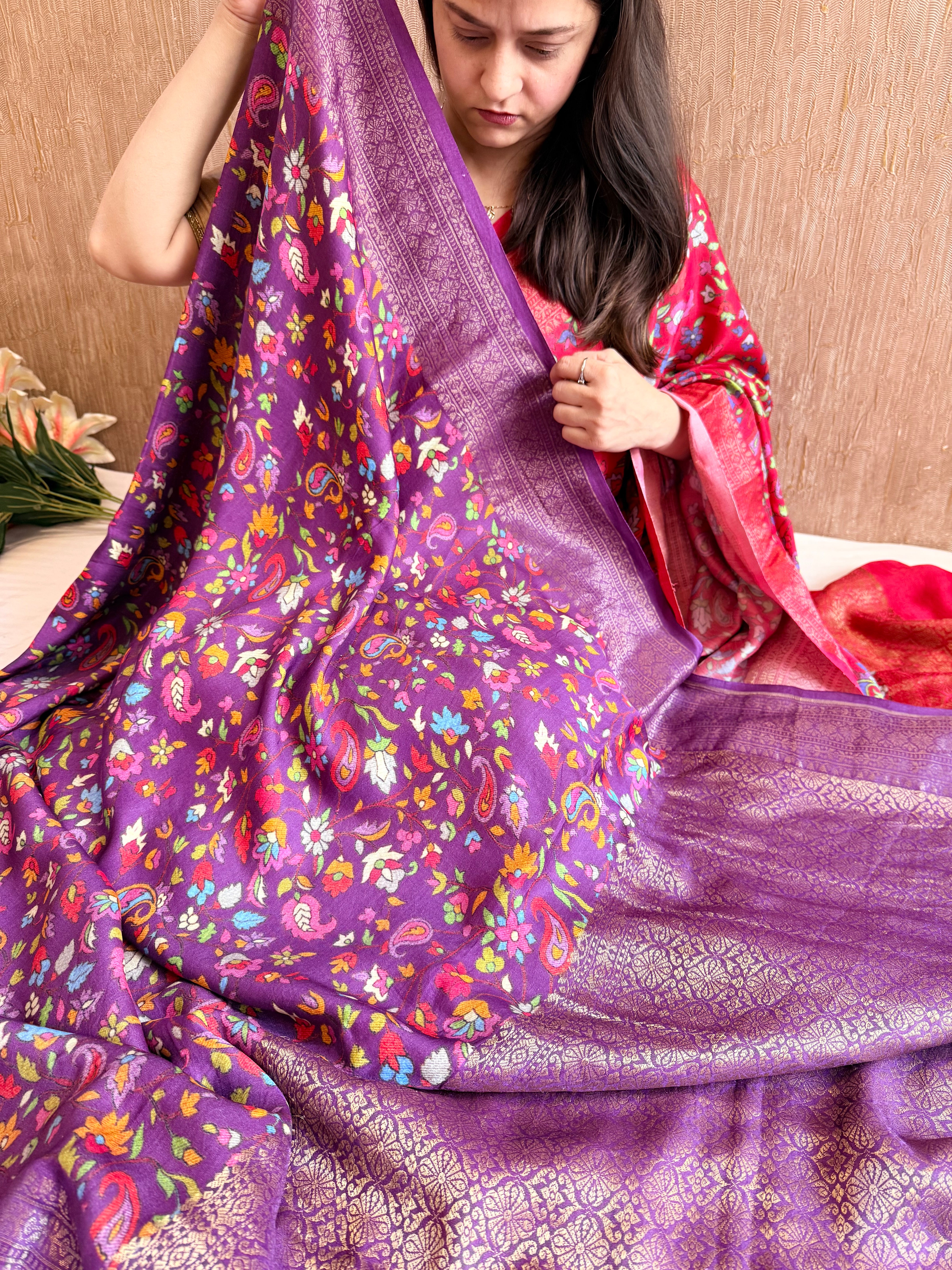 Banarasi mashru satin silk kani weaving printed purple saree