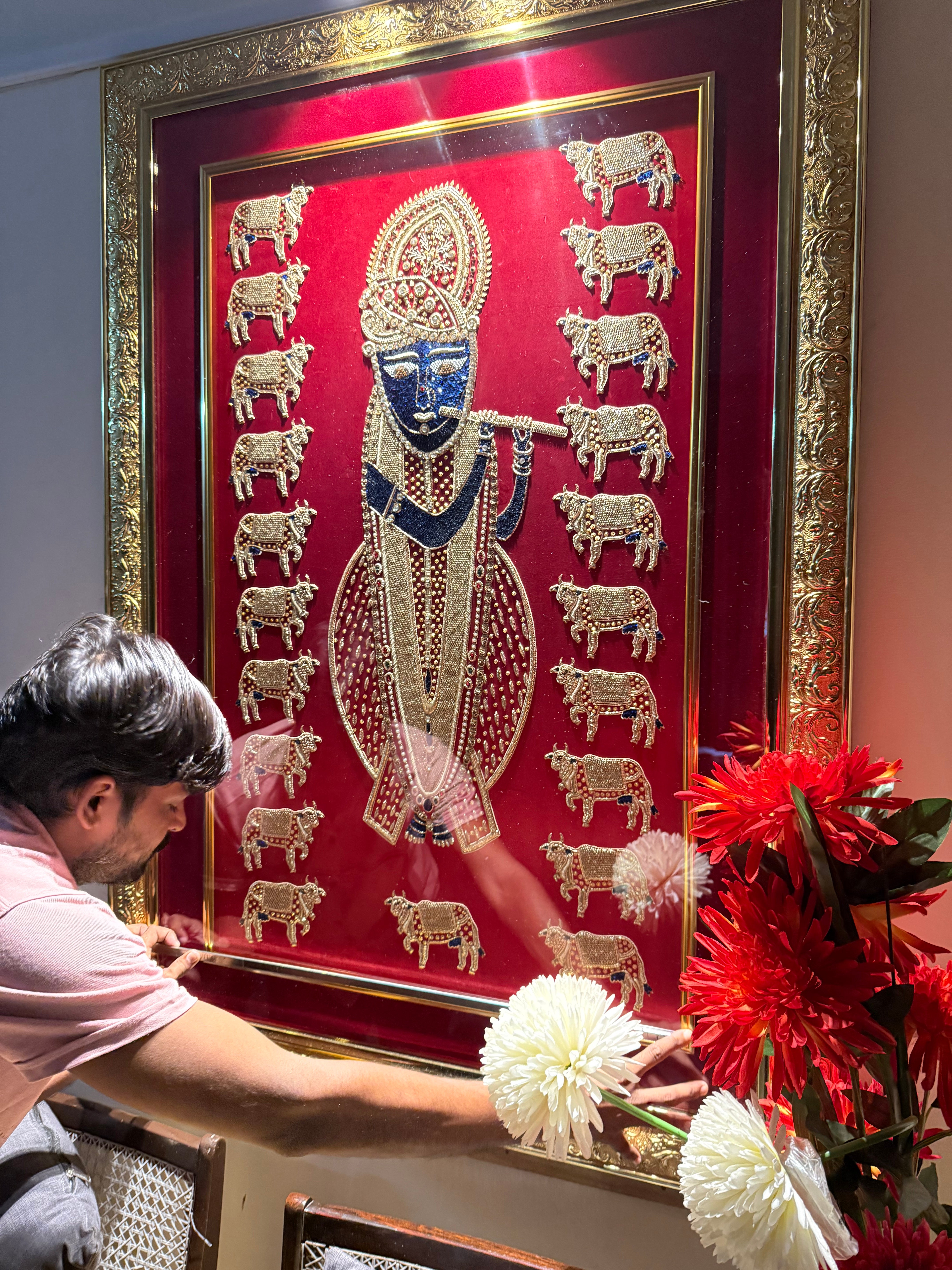 Shreenathji hand embroidered 21 cow motif cloth for frames ( 1 meter by 60cm )