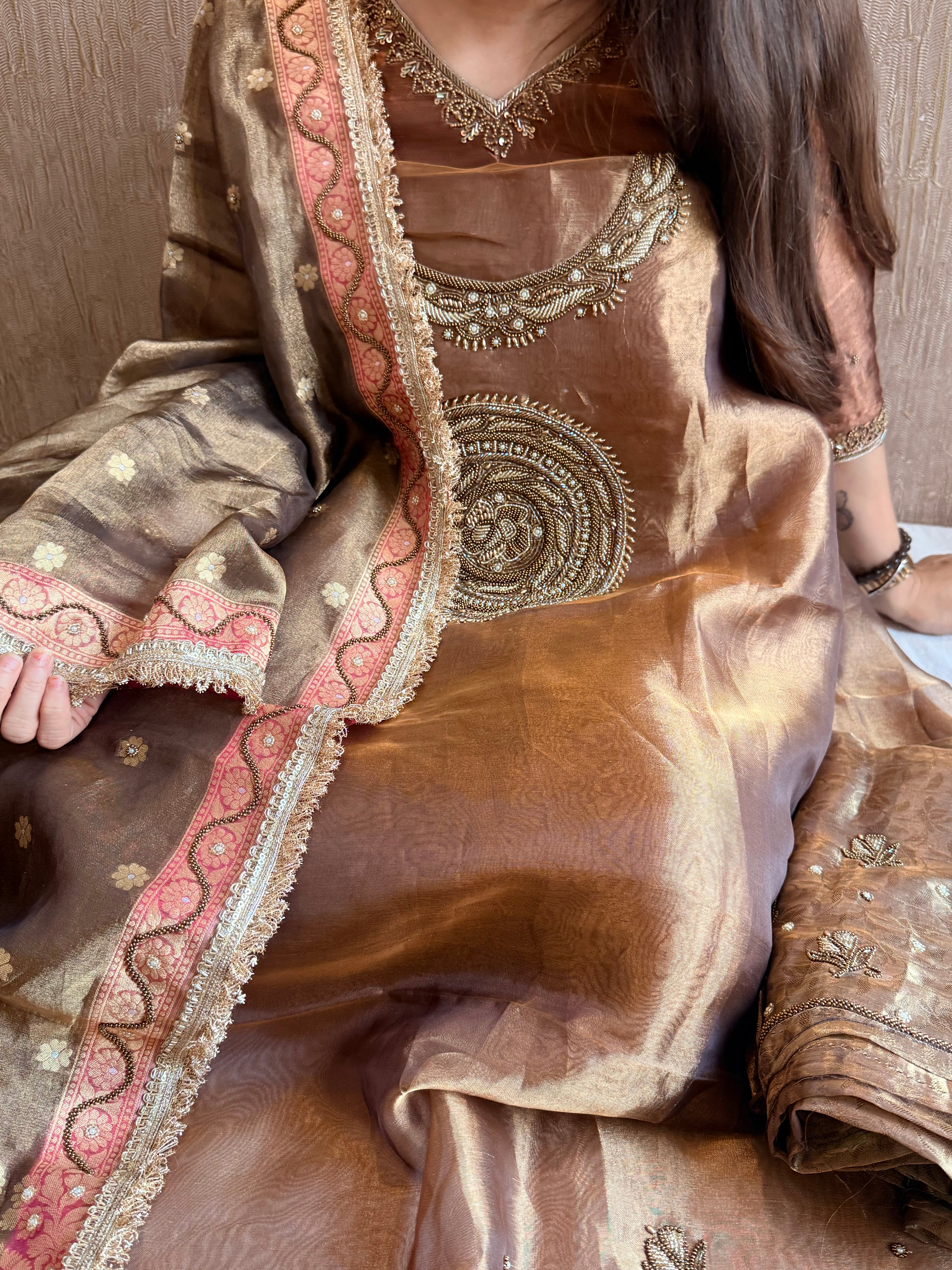 Jahnvi kapoor inspired mandala design molten brown tissue silk suit set
