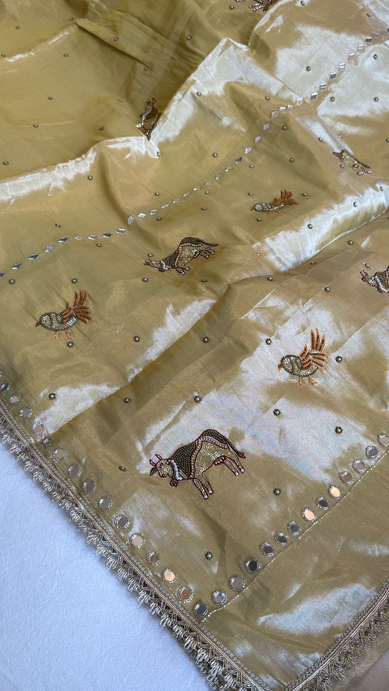 Satin tissue silk ivory gold hand embroidered kadhwa saree