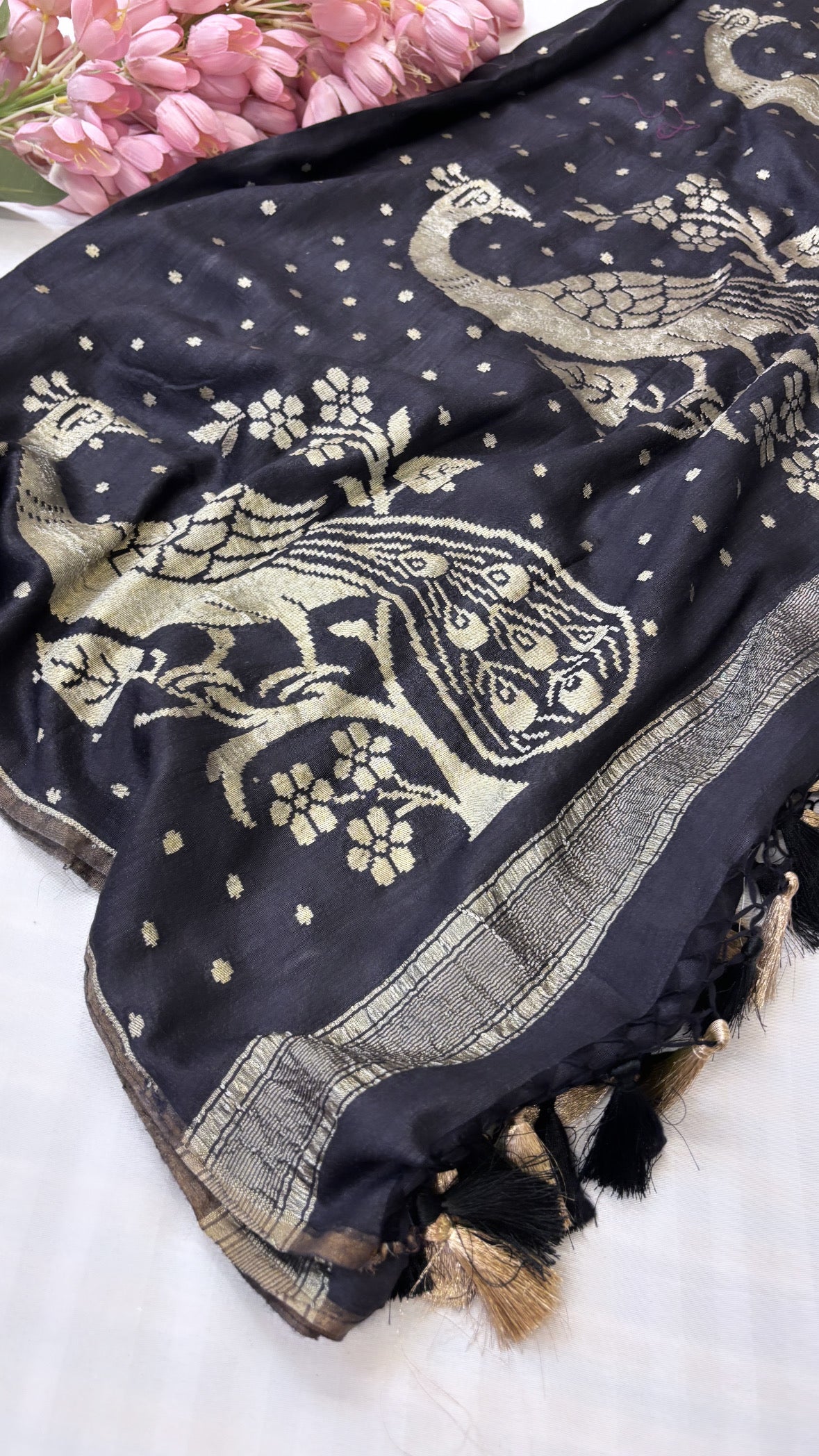 Moonga silk black peacock kadhwa duppata