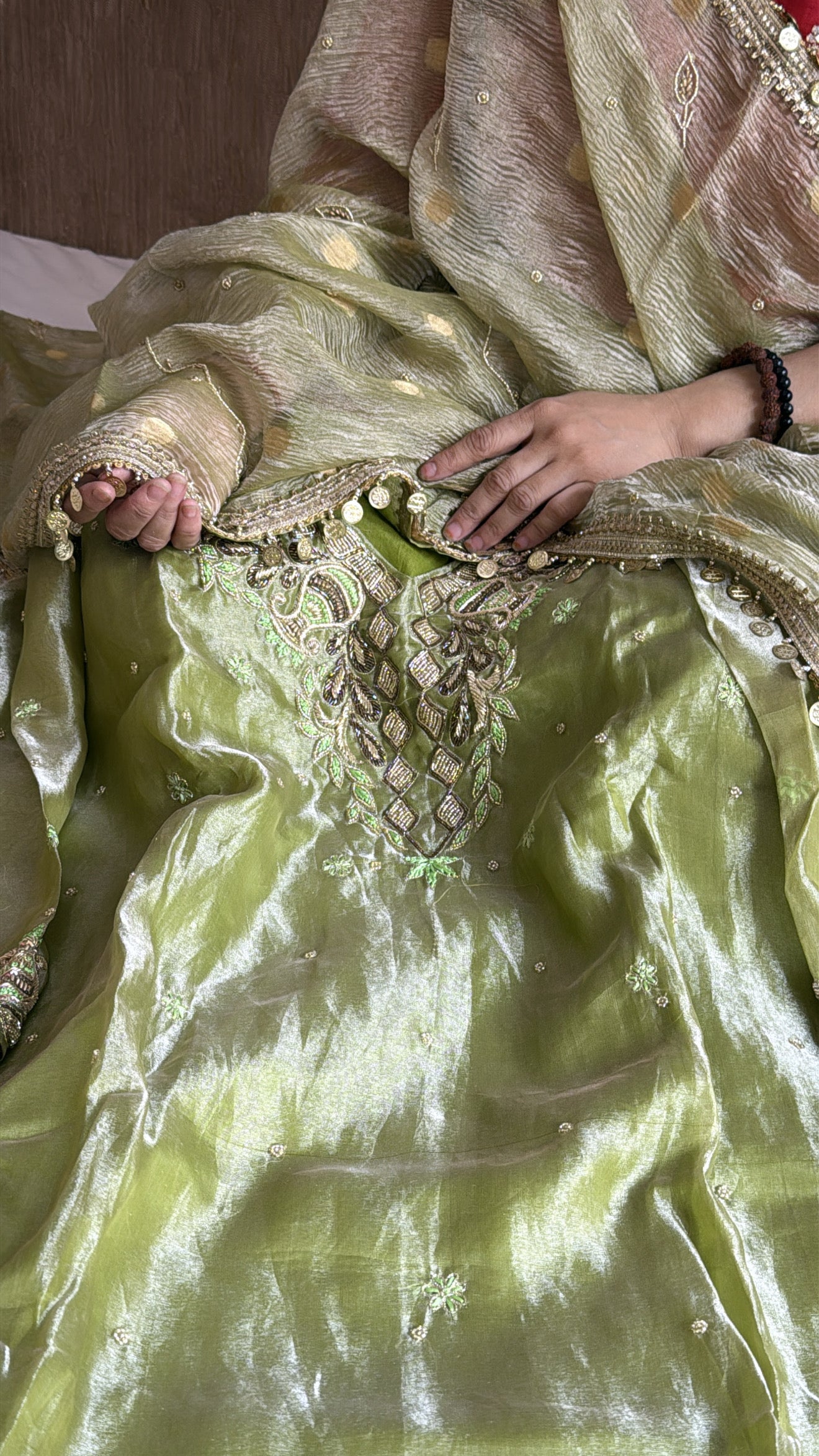 Mehendi green tissue silk hand embroidered heeramandi kadhwa suit set