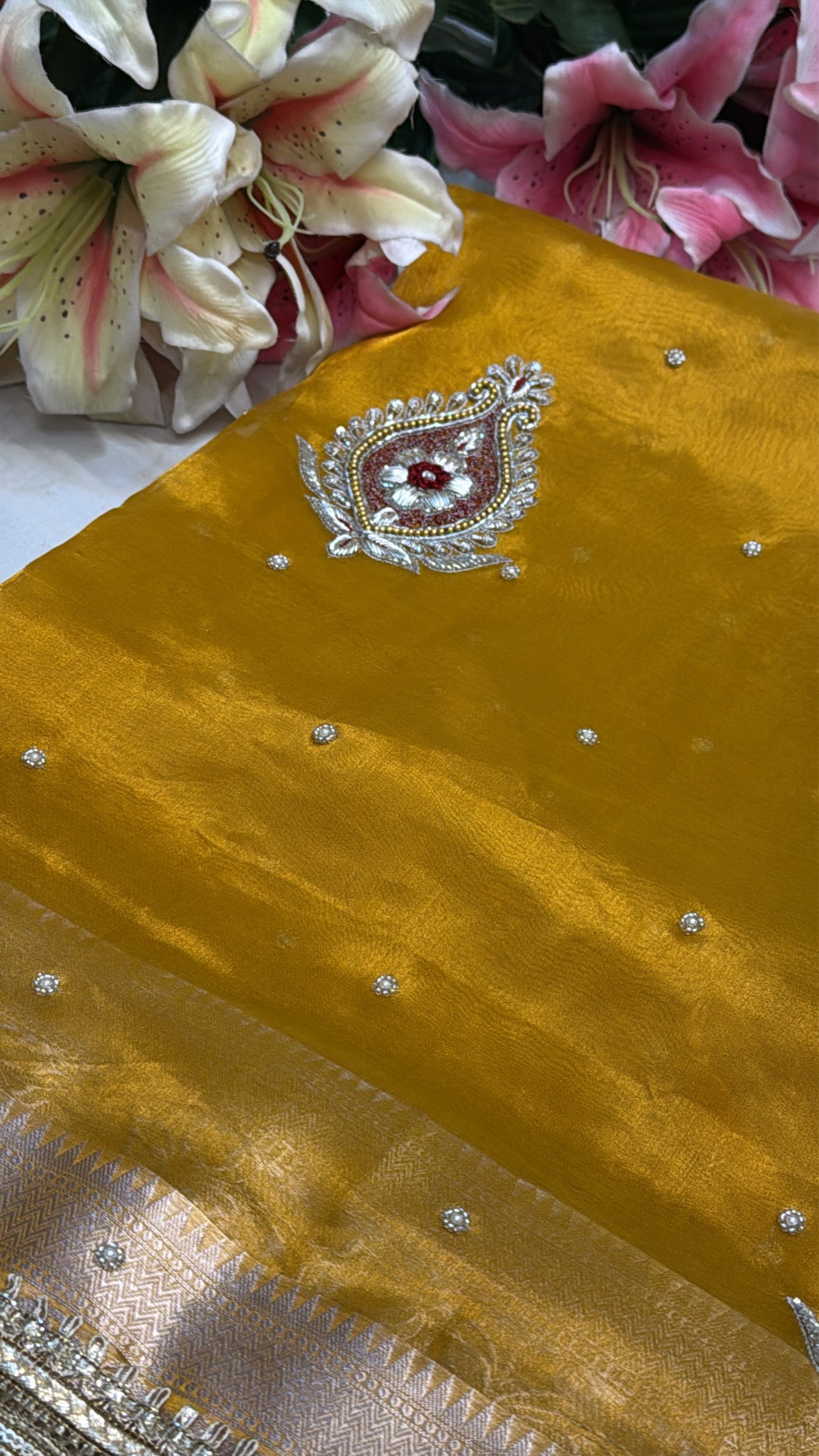 Kanjivaram haldi gold tissue silk hand embroidered meenakari buti kadhwa saree