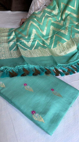 Sea green moonga silk meenedar kadhwa chevron duppata suit set