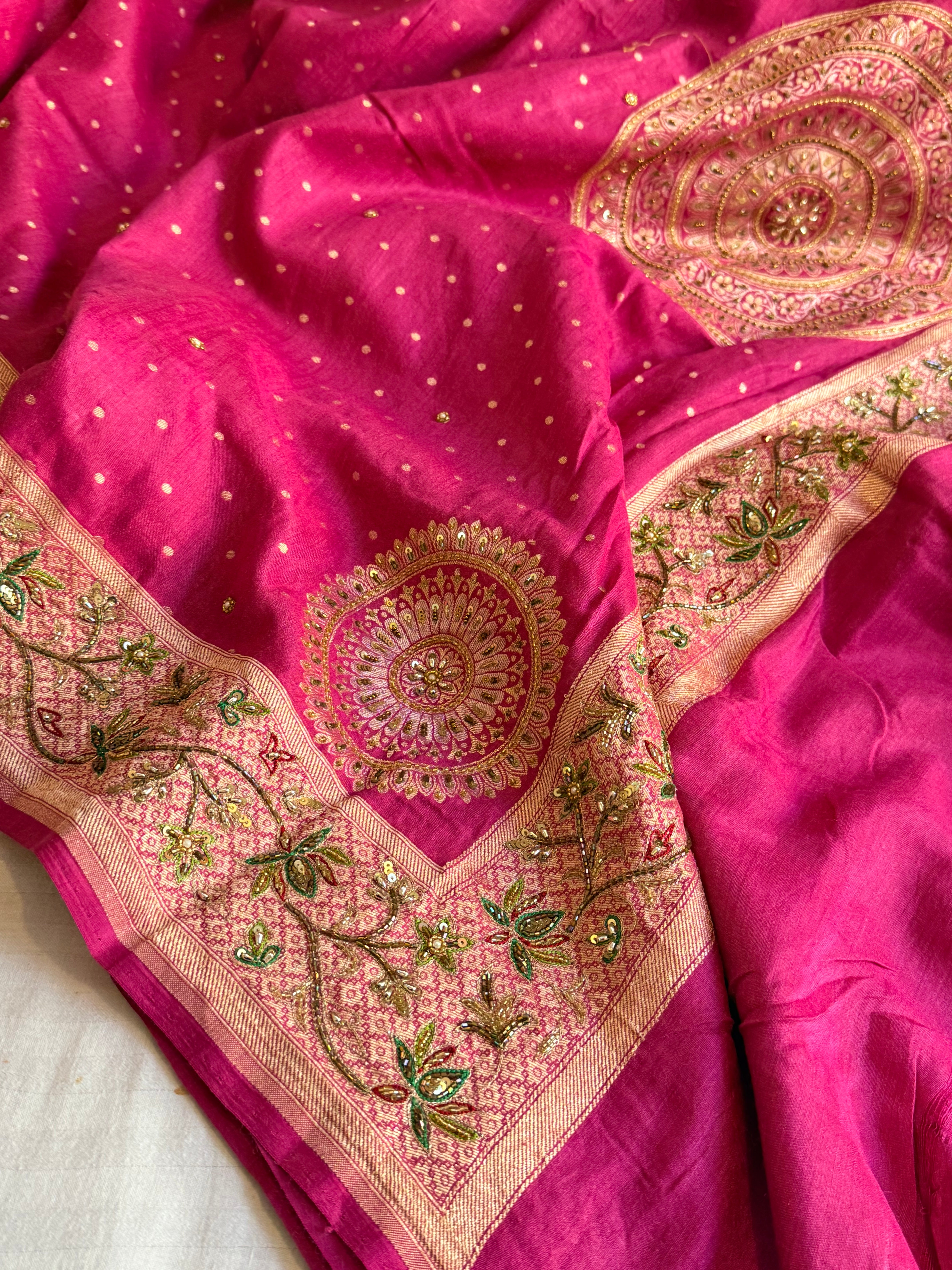 Banarasi moonga silk hand embroidered hot pink kadhwa saree