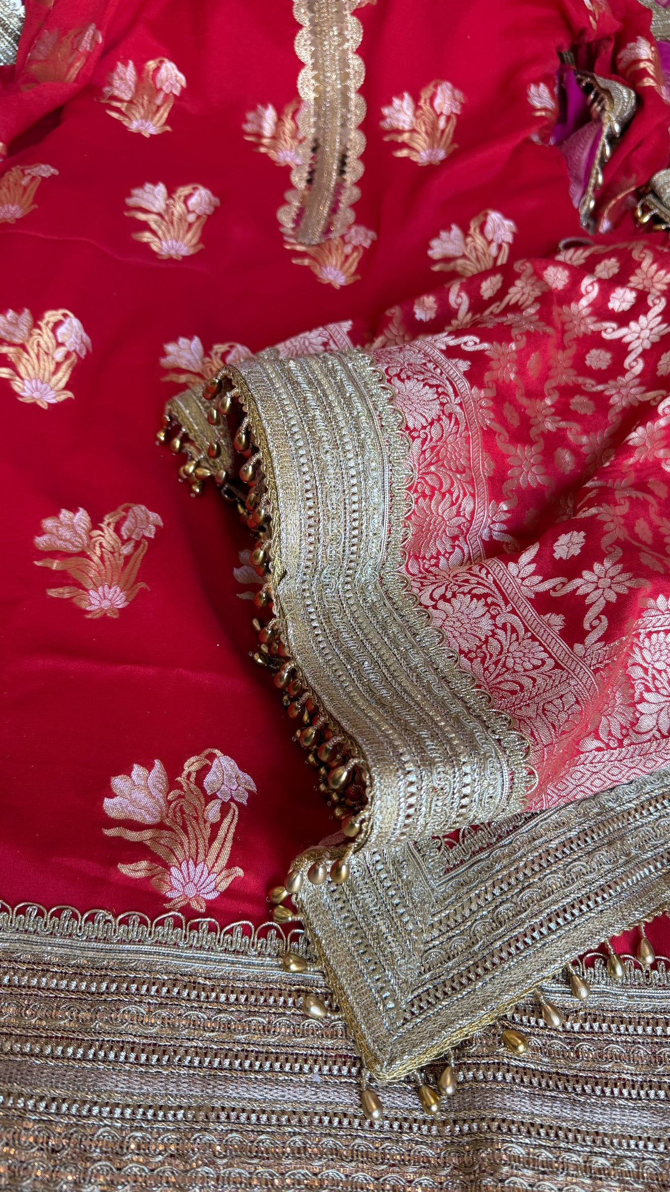 Pakistani drama inspired blood red banarasi gorgette semi-stitched kadhwa gotapatti suit set