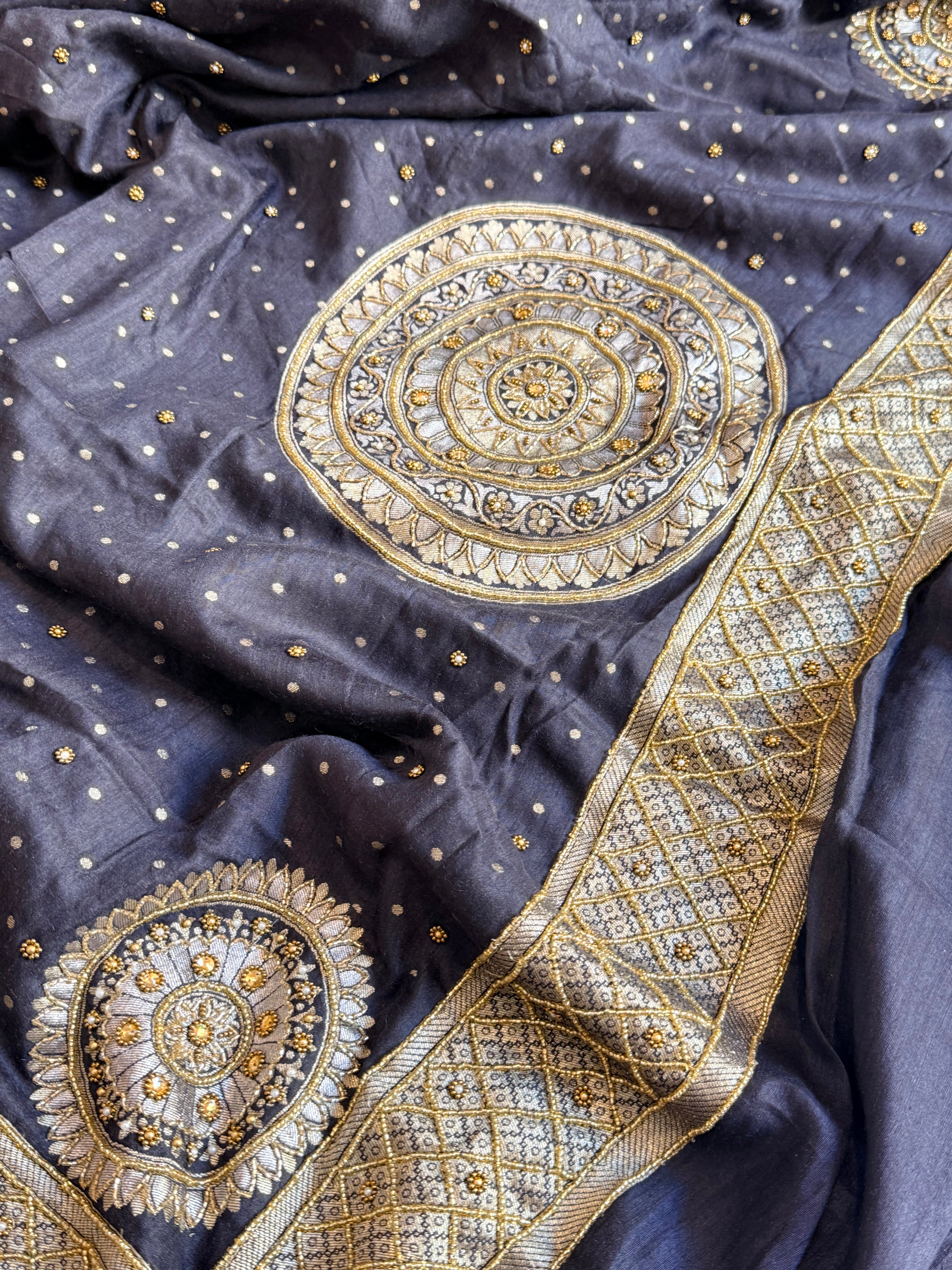 Banarasi moonga silk charcoal black hand embroidered kadhwa saree