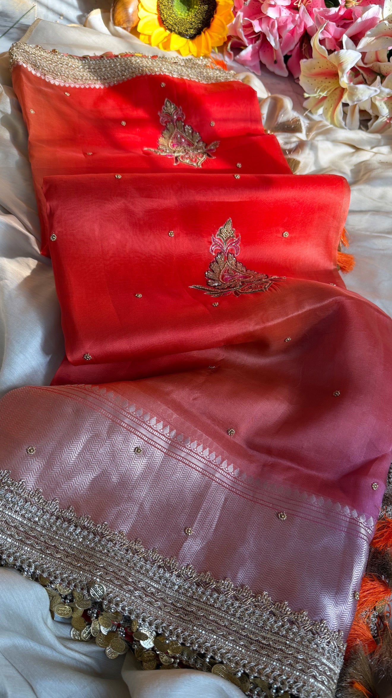 Dulhan ka pitara - Shades of chuski orange tissue silk hand embroidered saree