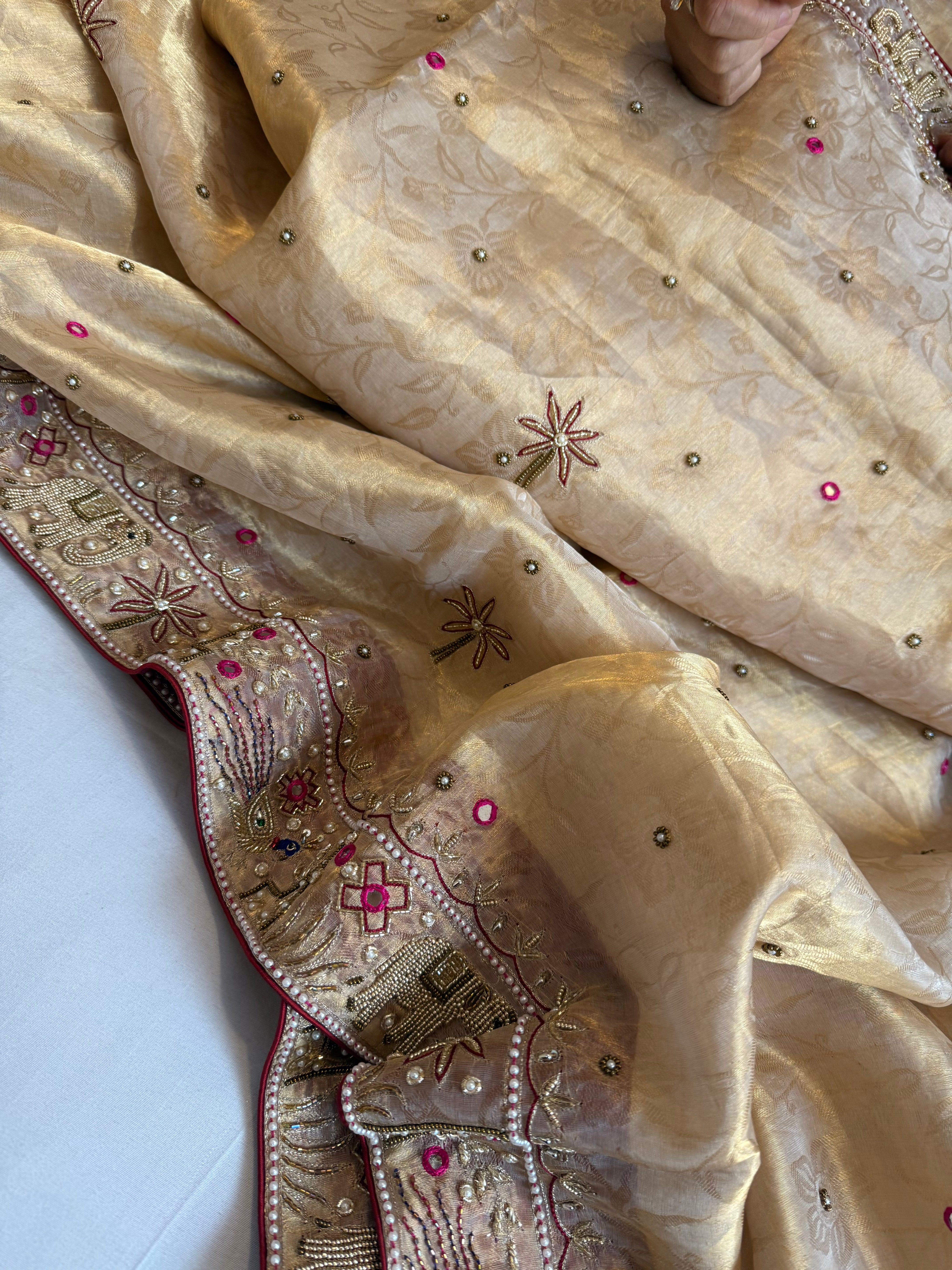 Sheeshmahal shikargah edit - Golden tissue silk hand embroidered elephant motif border kadhwa saree