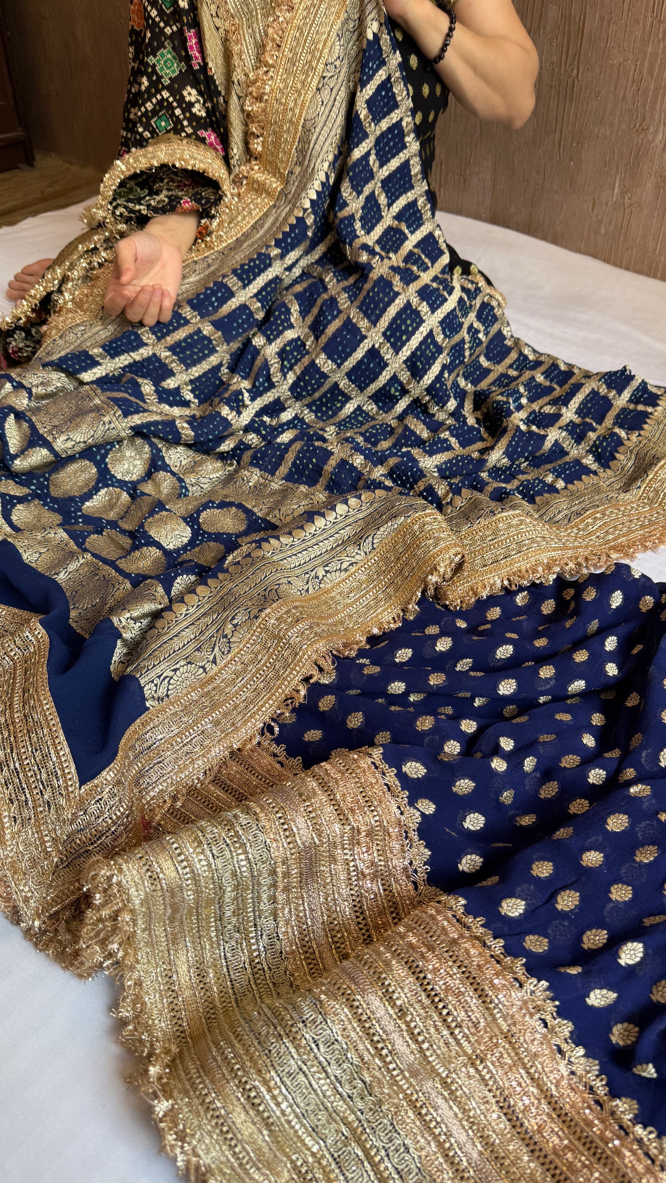 Navy blue banarasi rai bandhej gorgette gotapatti suit set