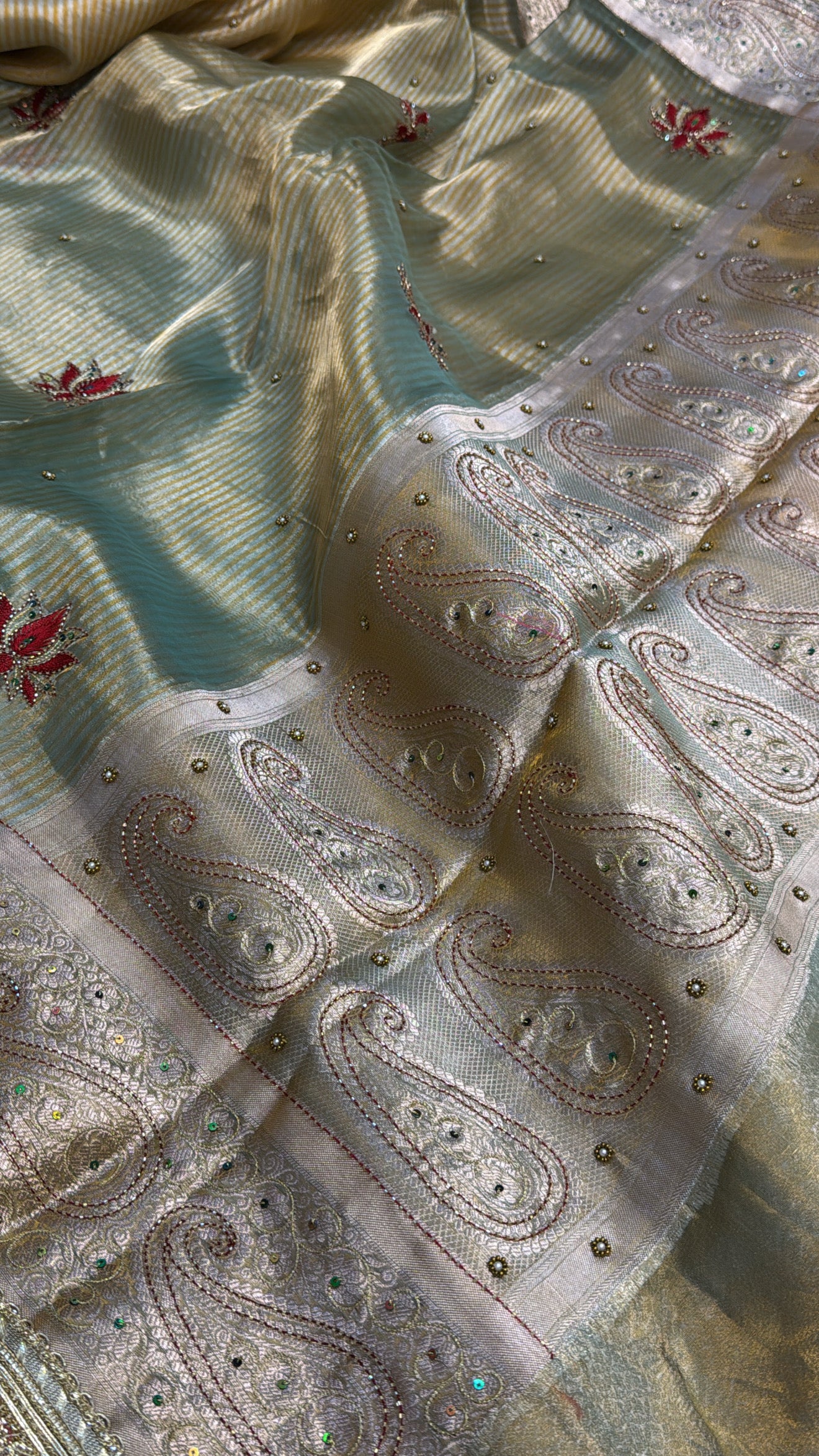 Sea green-moss green ombre shaded tissue silk hand embroidered kadhwa saree