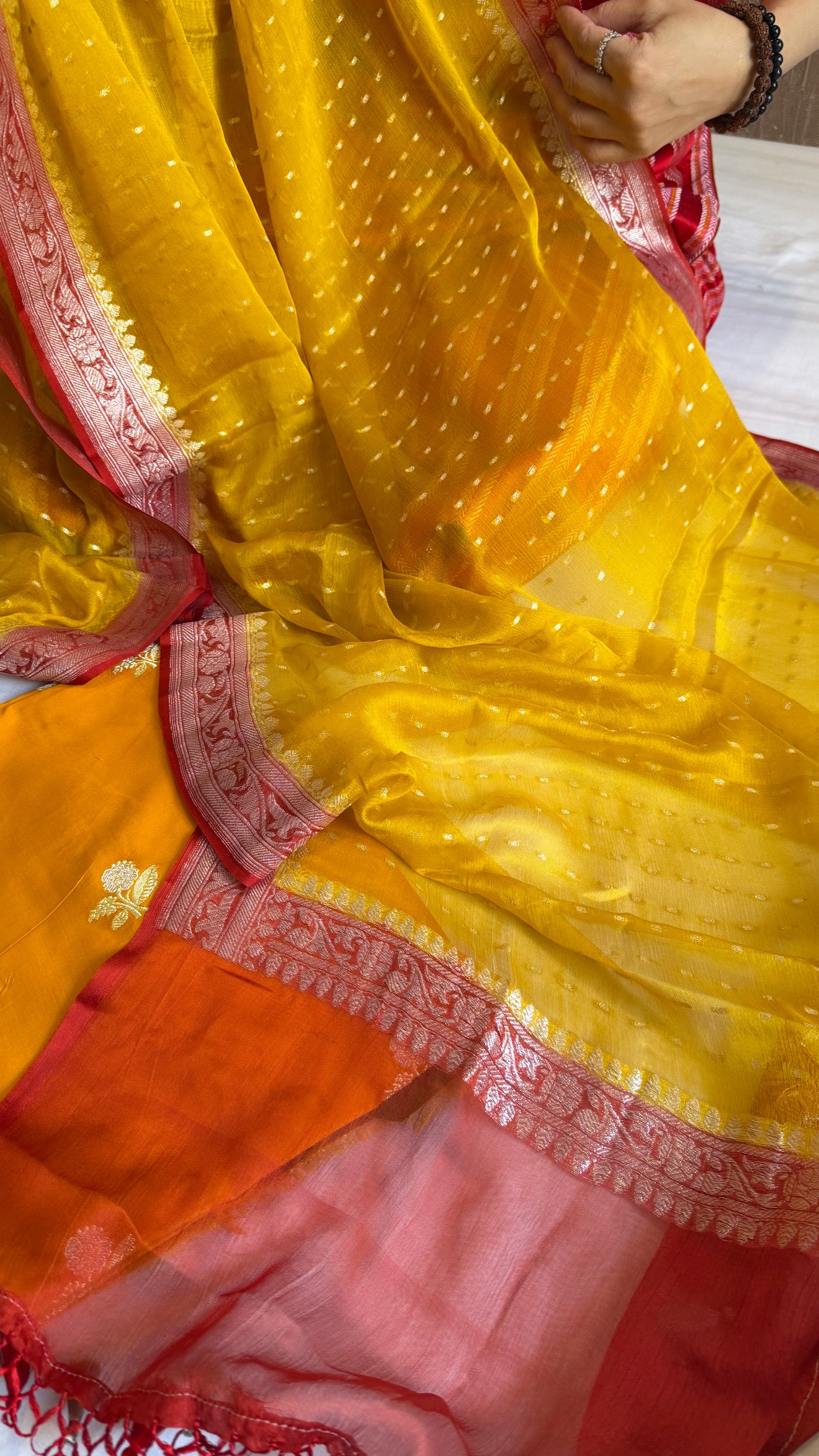 Haldi yellow-red katan kadhwa silk kurta paired with chiffon gorgette chap dye duppata set