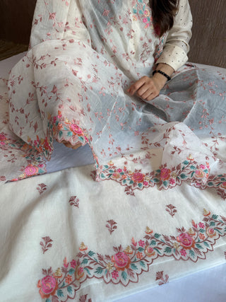 Mulmul cotton banarasi resham thread embroidered kadhwa suit set