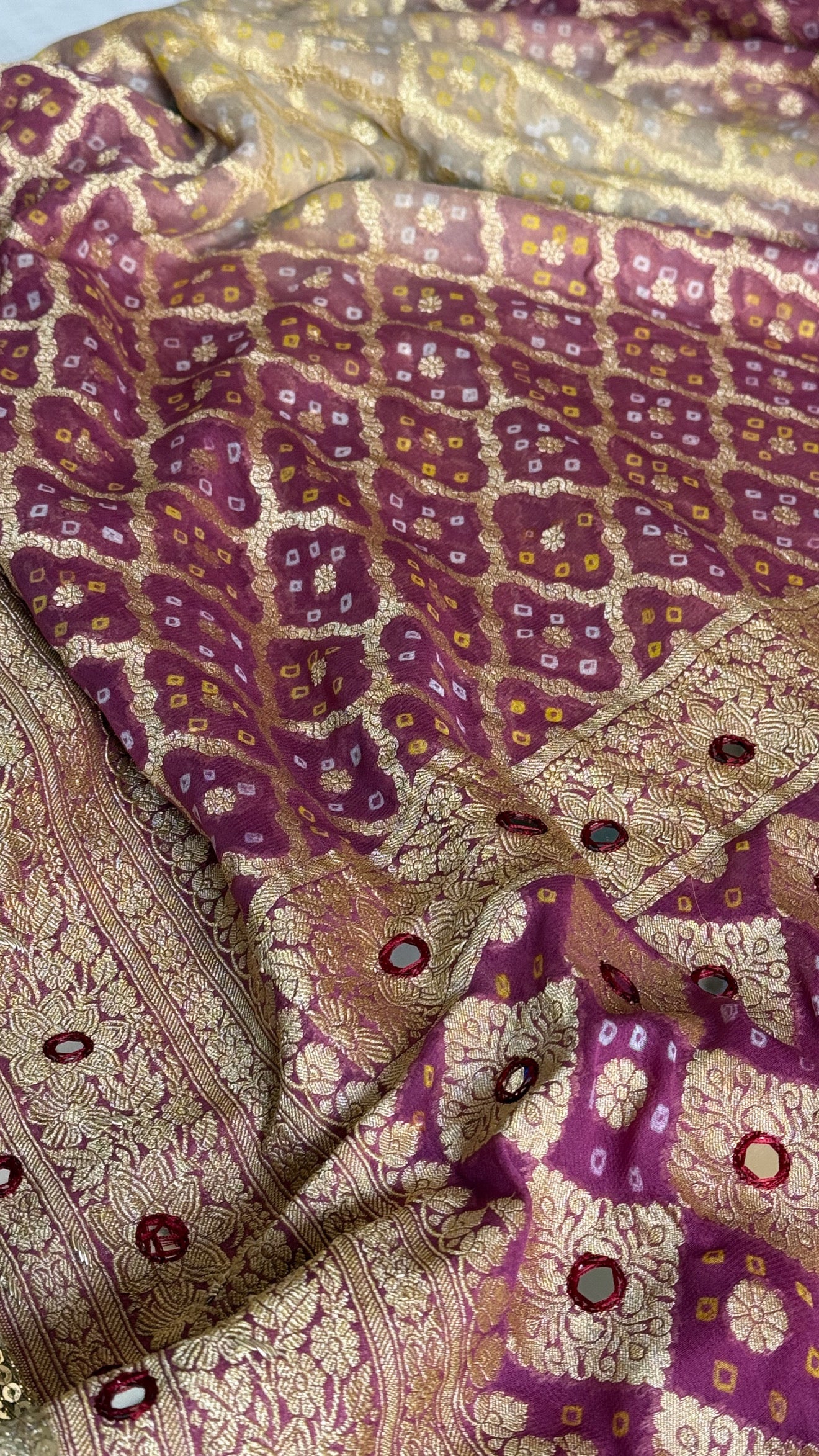 Lotus pink ombre shaded banarasi rai bandhej chiffon gorgette hand embroidered saree