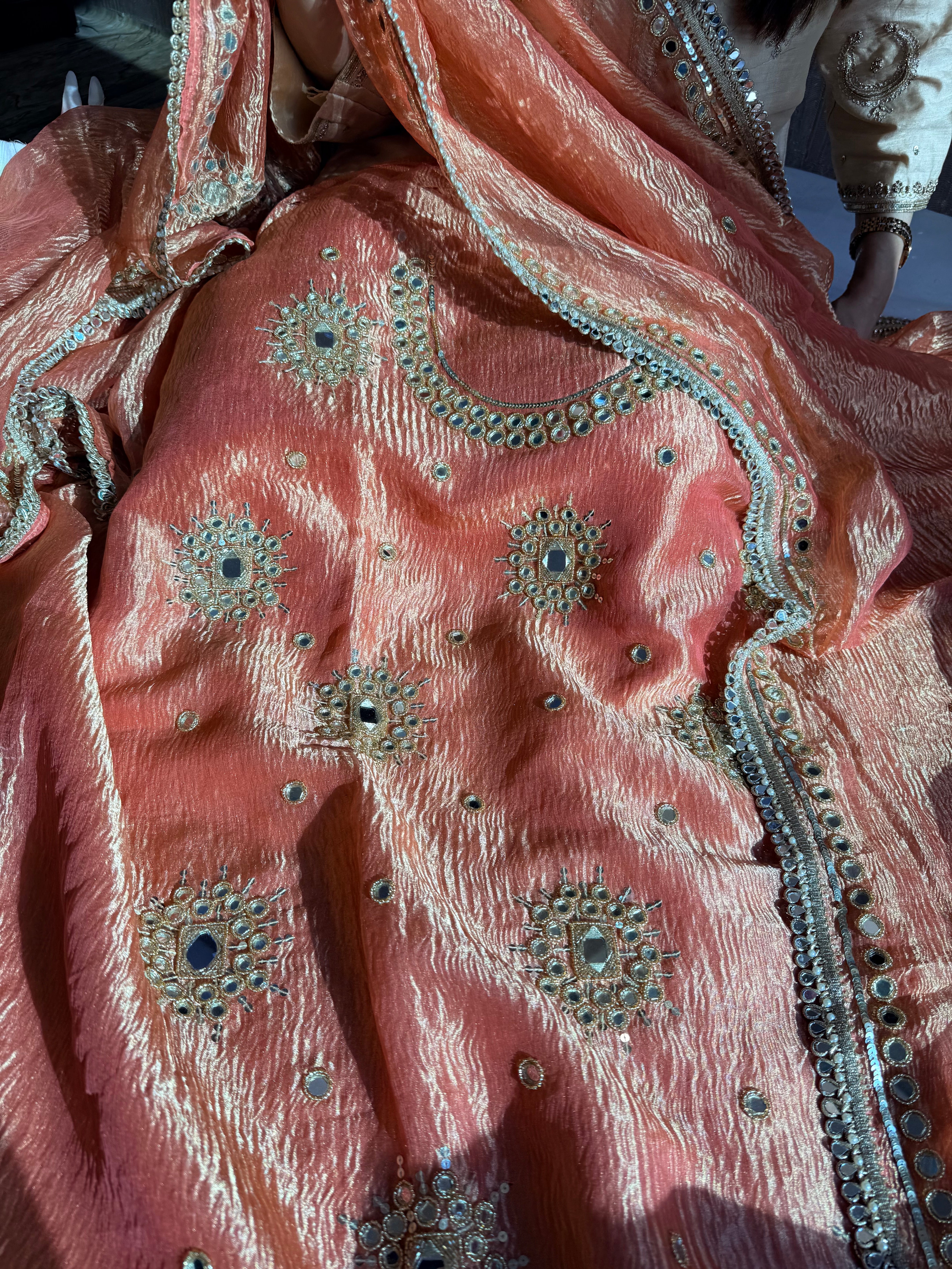 Banarasi tissue silk mirrorwork hand embroidered crushed suit sets