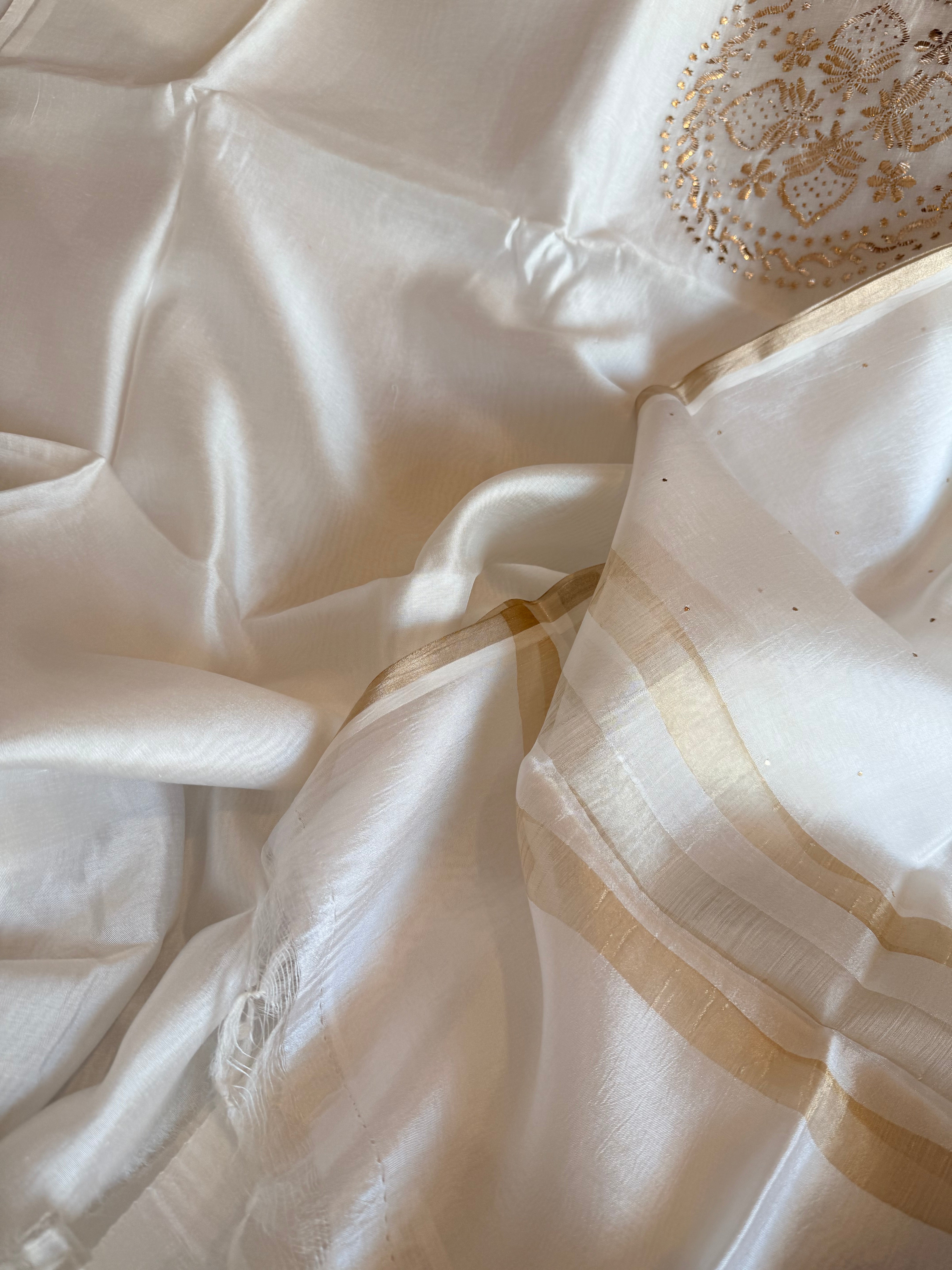 Pearl white spun chiniya silk mukaish hand embroidered suit sets