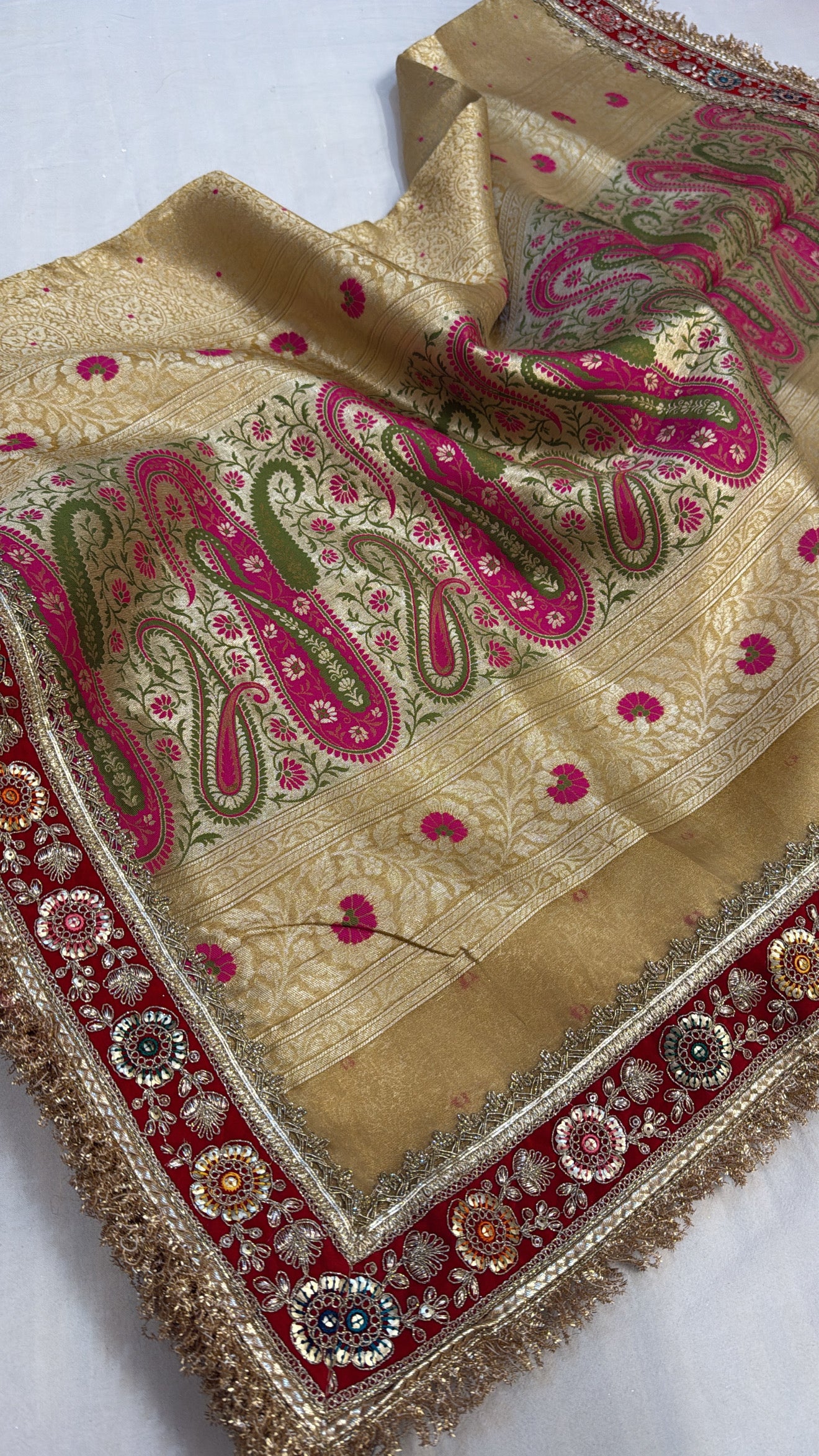 Golden tissue brocade meenakari heavy tissue silk kadhwa saree