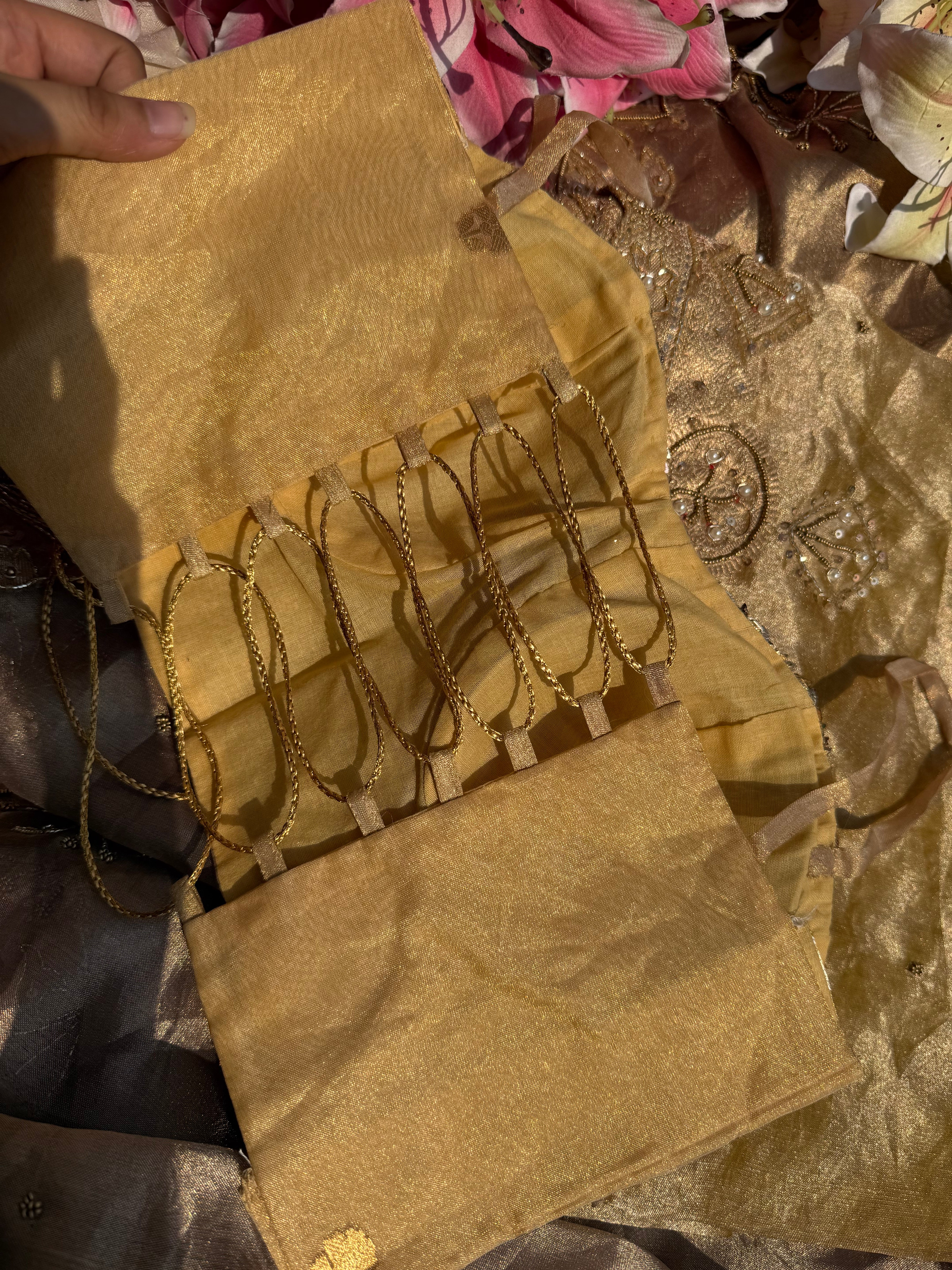 Golden sequence tissue silk free size blouse piece