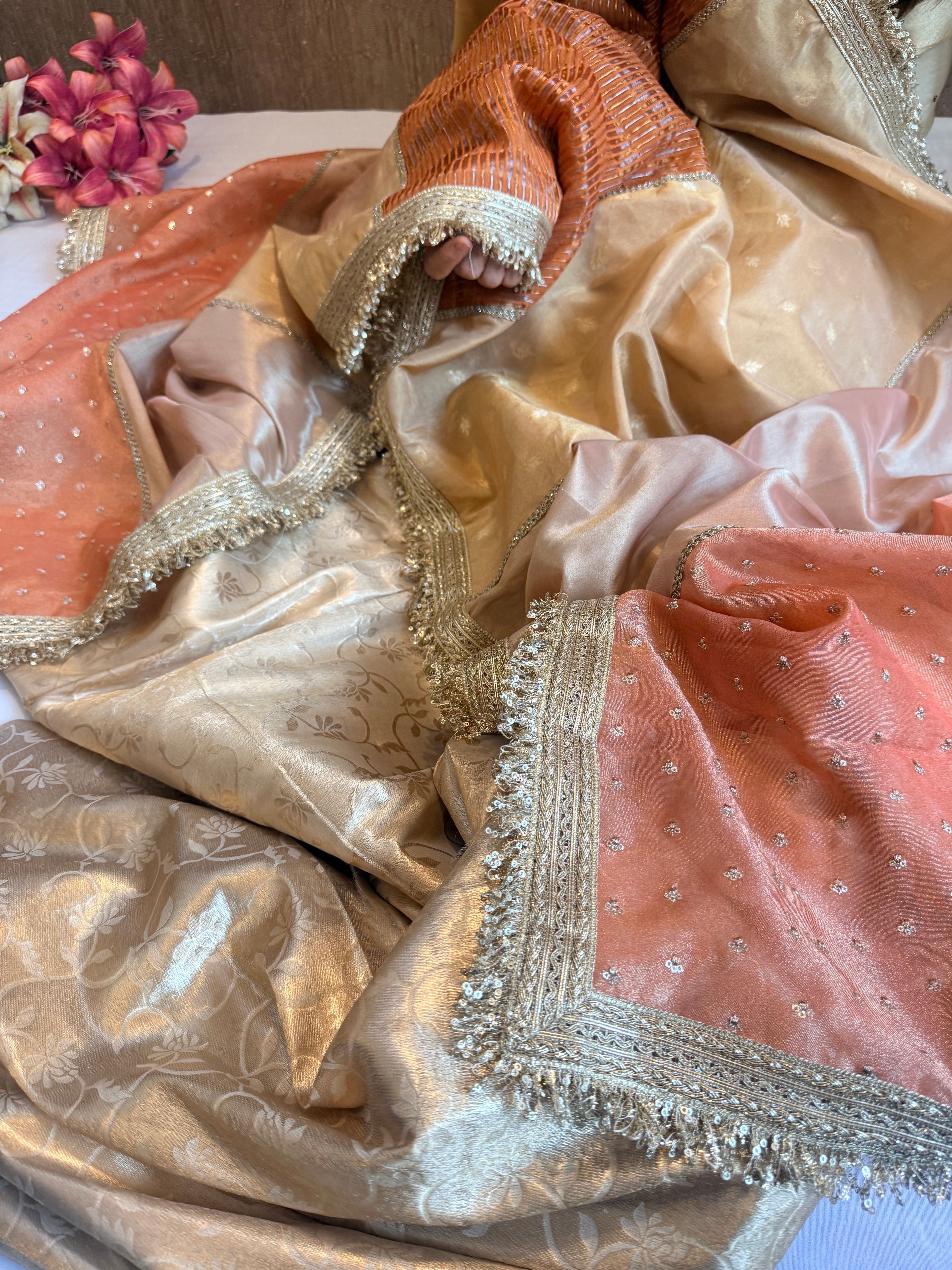 Golden shades pakistani tukdi tissue duppata paired with jaalwork tissue kurta
