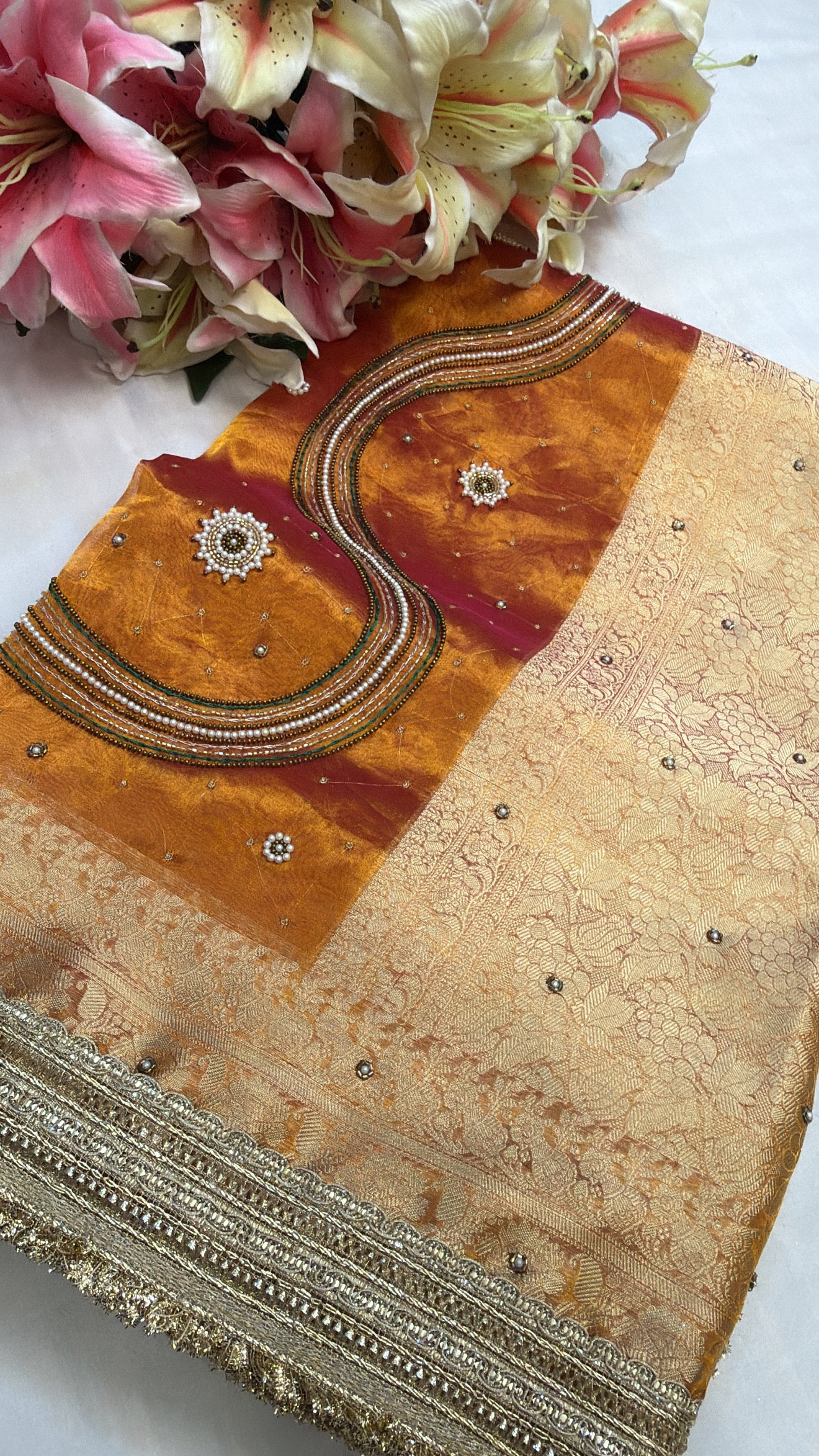 Kanjivaram orange zardozi work husn tissue silk hand embroidered saree