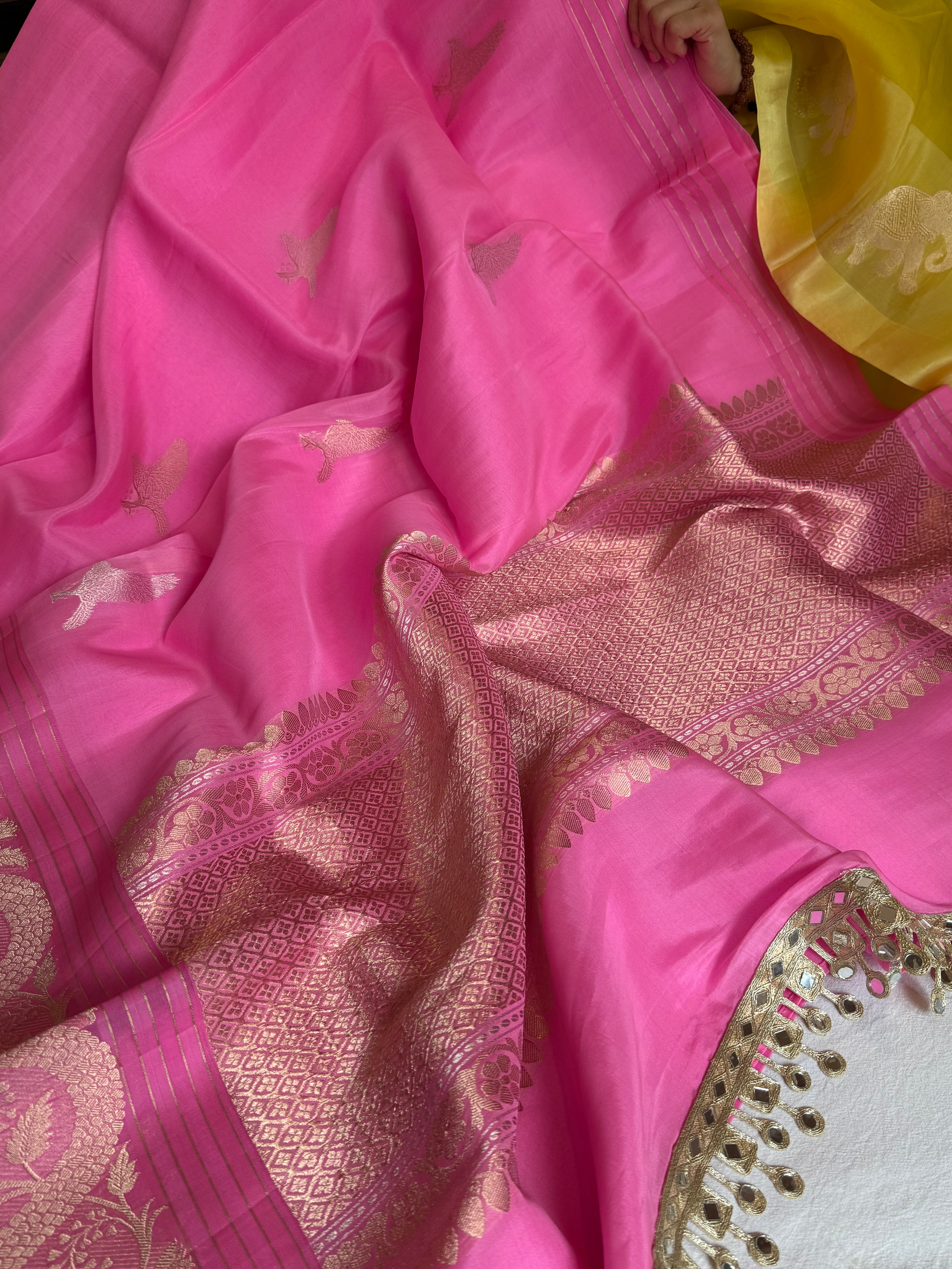 Strawberry pink banarasi kora silk hand embroidered saree