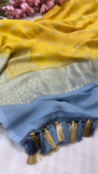 Banarasi gorgette mustard-ice blue contrast duppata