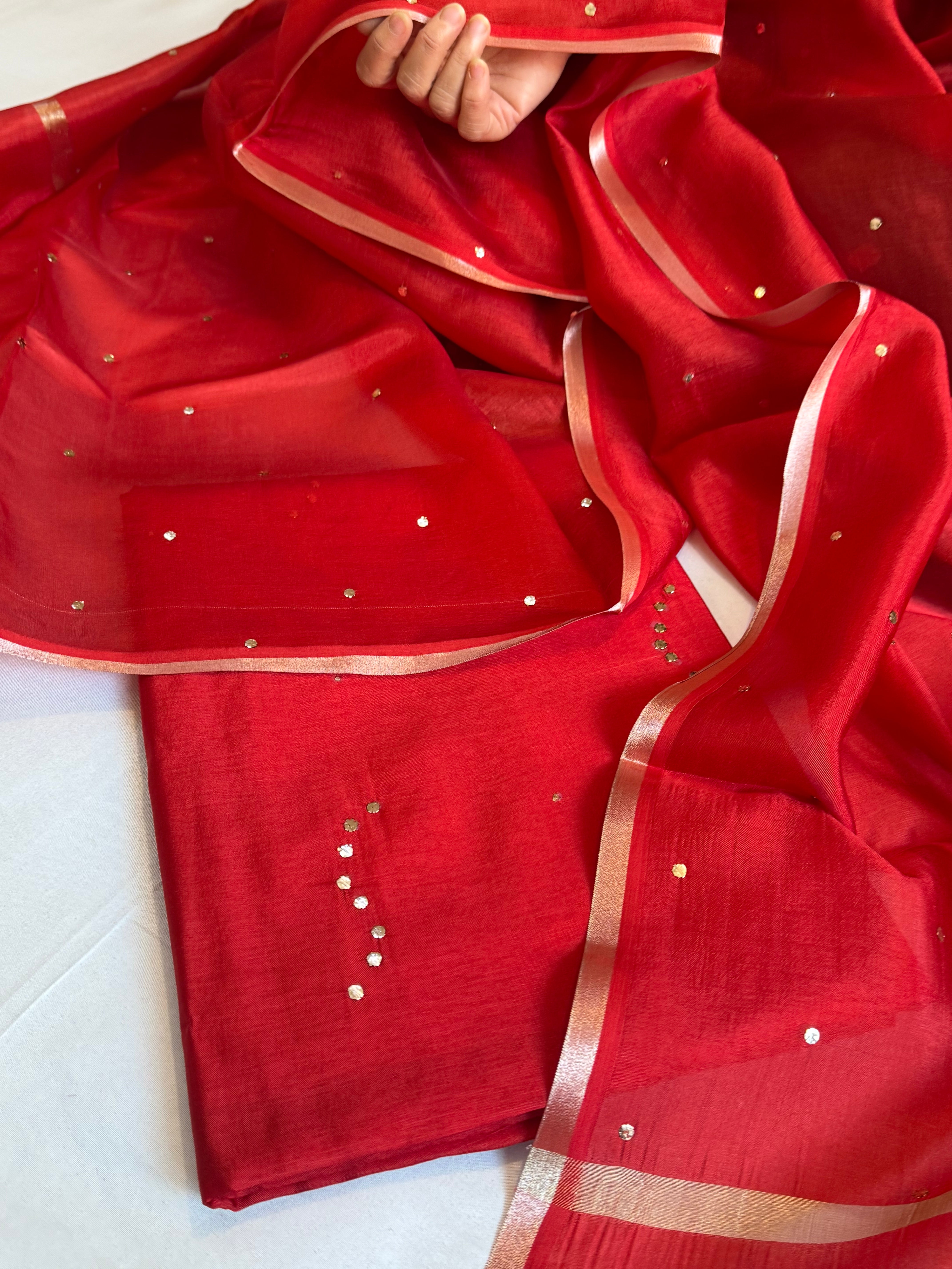 Hot red raw mango silk mukaish work hand embroidered kadhwa suit sets