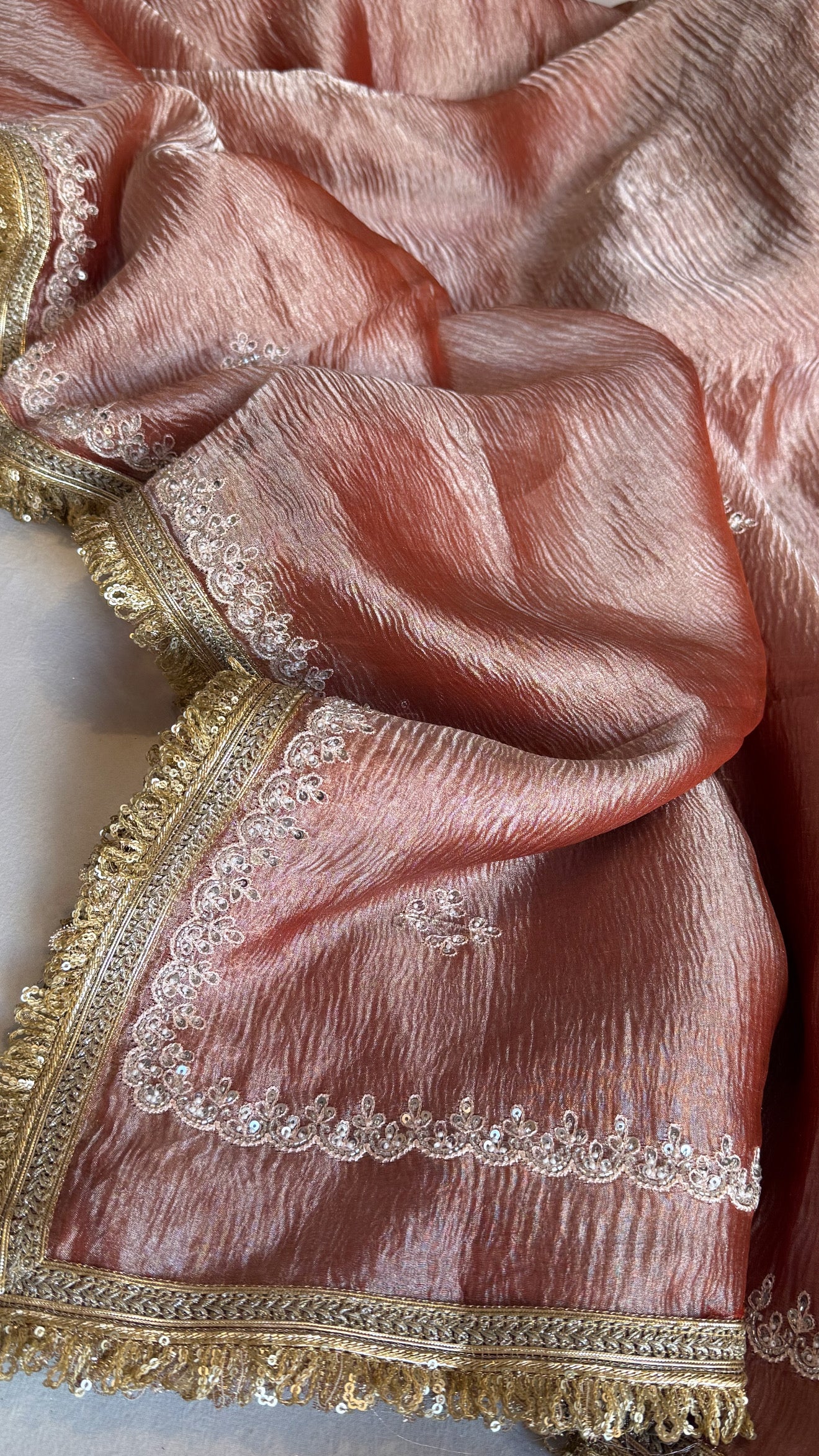 Crushed rose peach tissue silk hand embroidered kadhwa saree