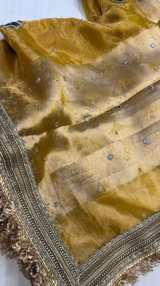 Cocktail wali saree - Metallic gold tissue silk heavy hand embroidered saree