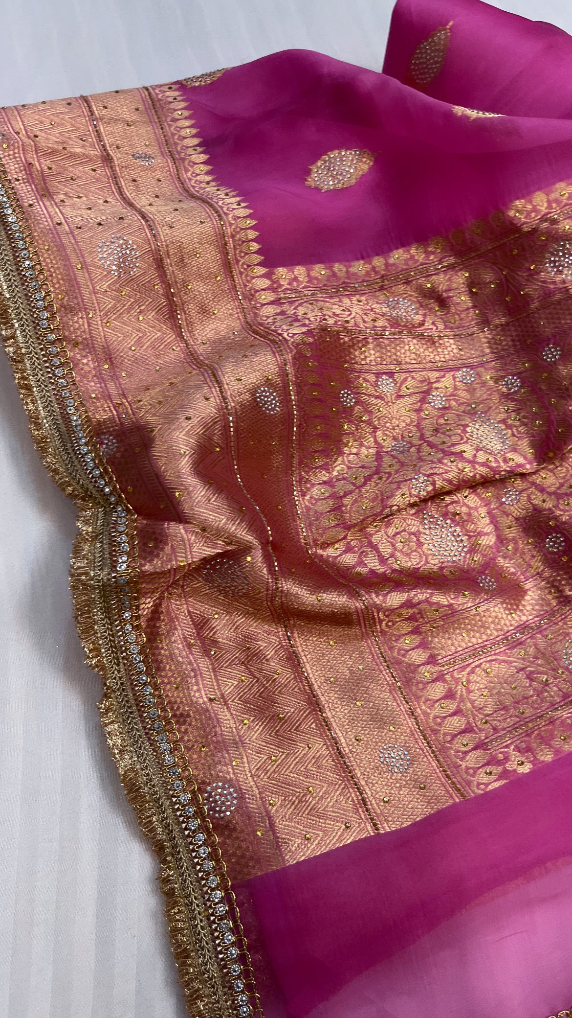 Cherry pink sitara kora silk stonework saree