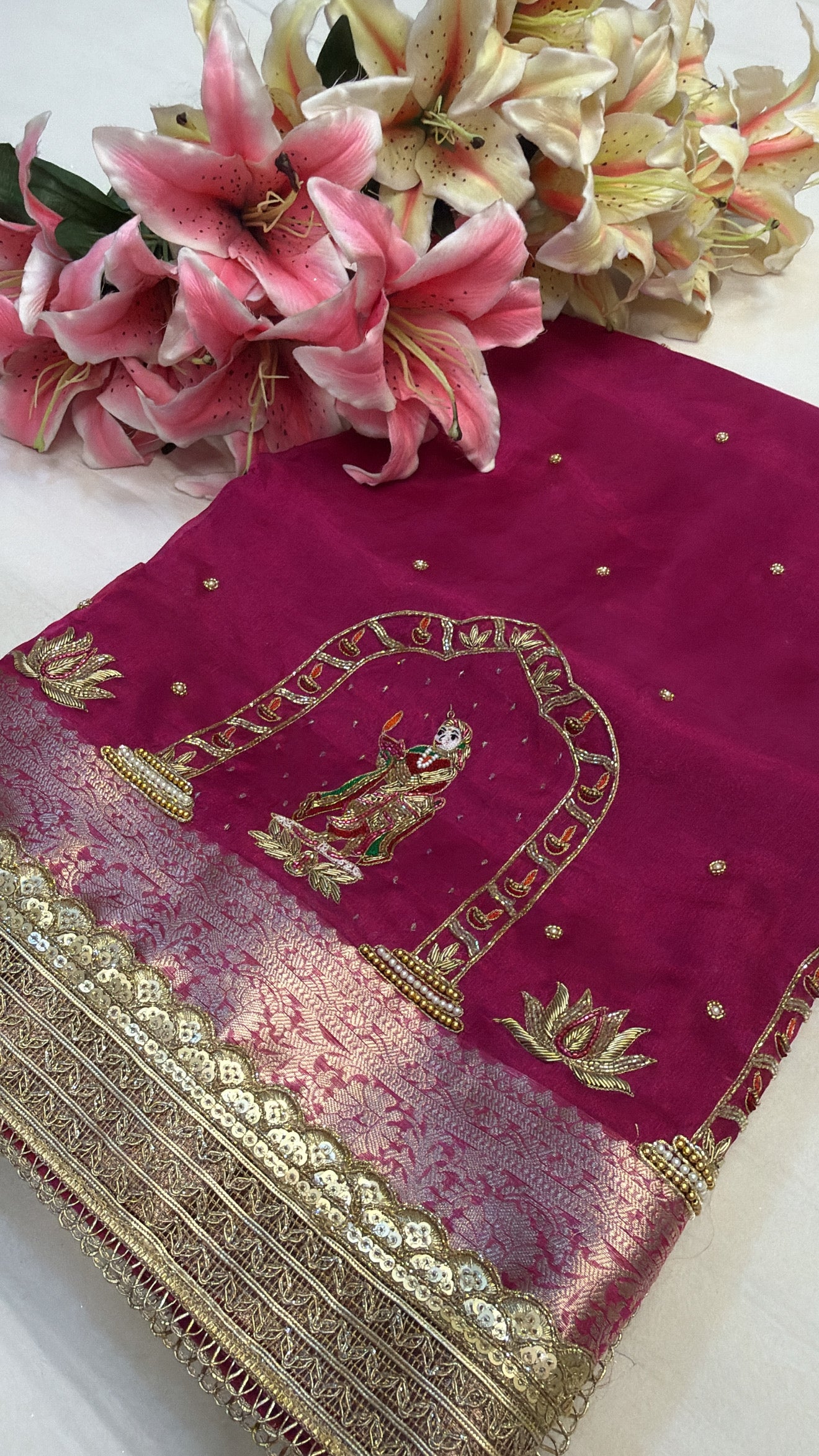Fuchsia pink husn tissue silk hand embroidered kadhwa saree
