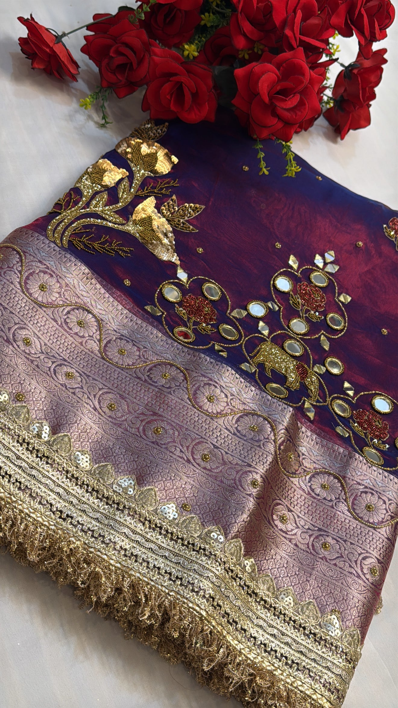 Dulhan ka joda husn dhup chao red tissue silk mirror work hand embroidered saree