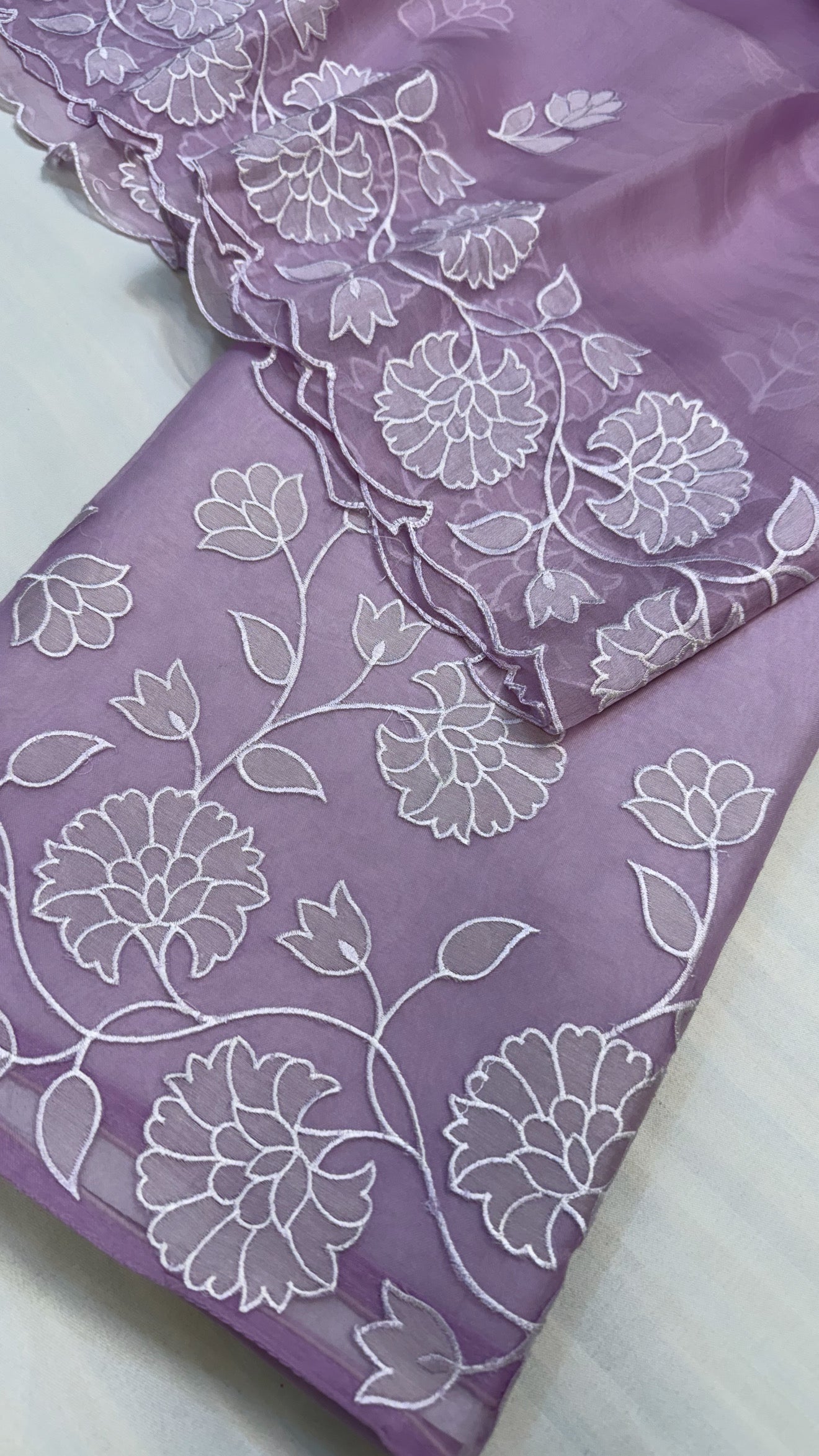 Dreamy lilac kora silk hand embroidered appliqué work suit set