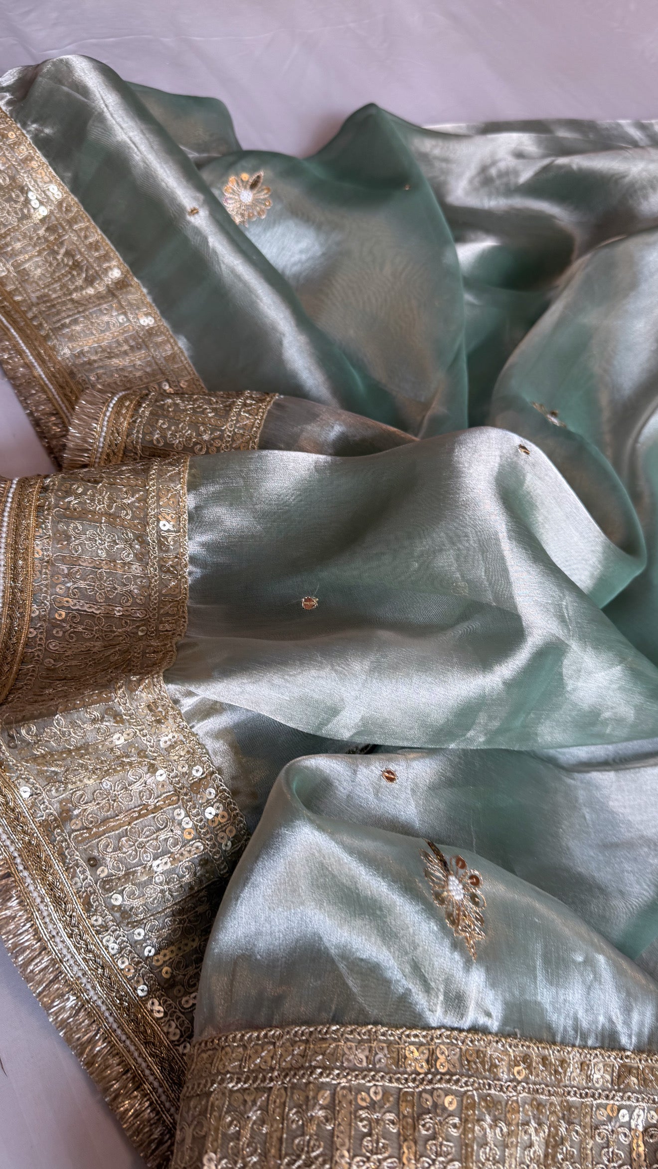 Hina khan inspired sage-green blush pink hand embroidered kadhwa tissue saree