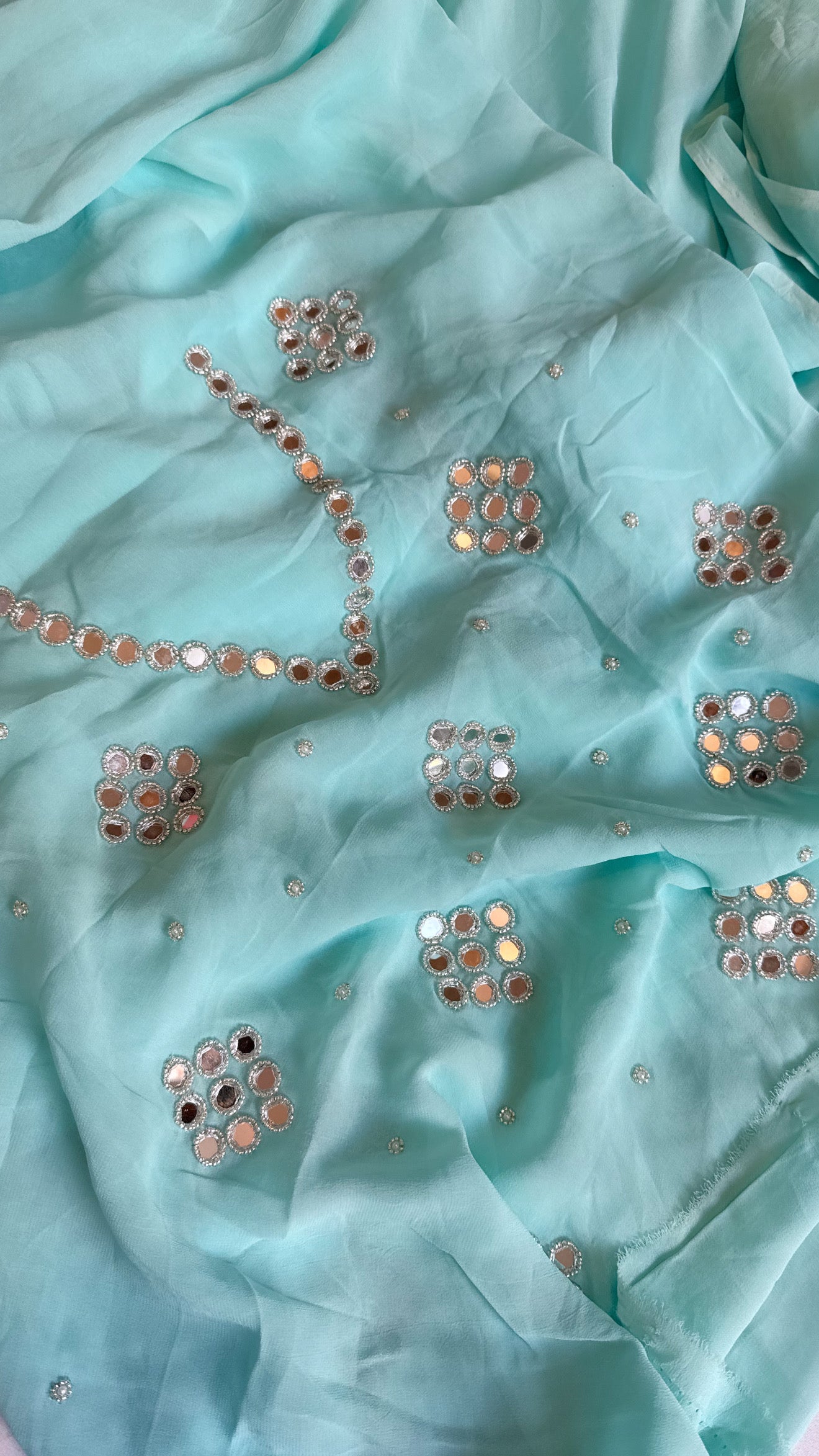 Mother’s Day offer - Blush blue chiffon gorgette mirrorwork hand embroidered sarees