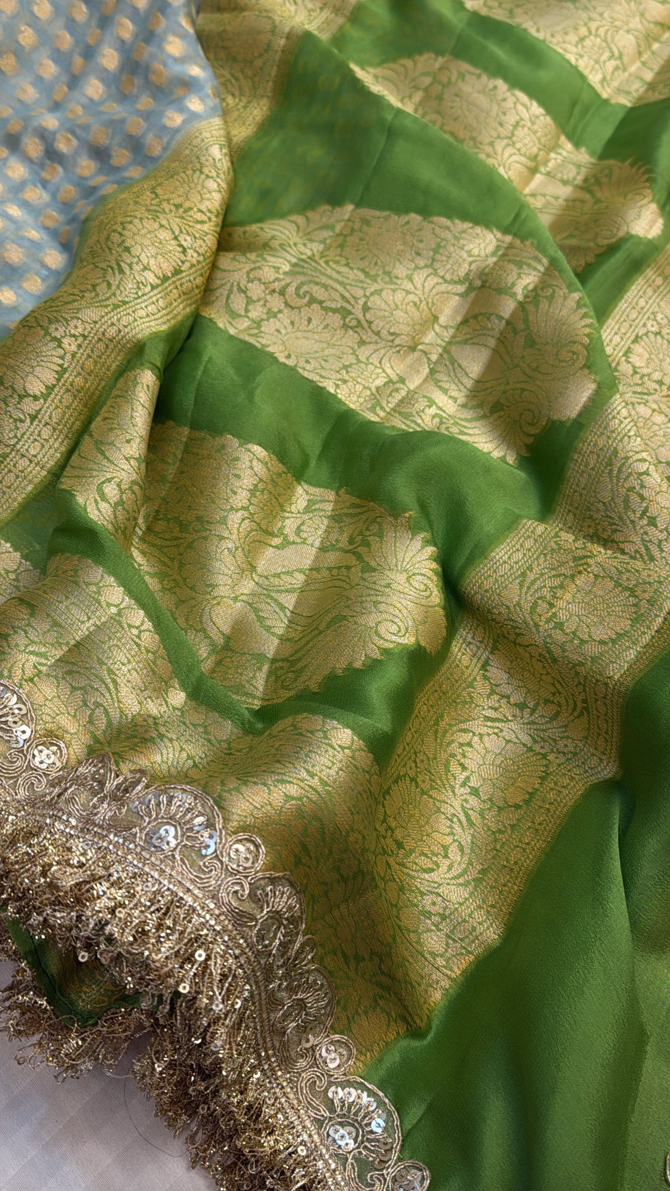 Banarasi chiffon gorgette chap dye contrast border kadhwa saree
