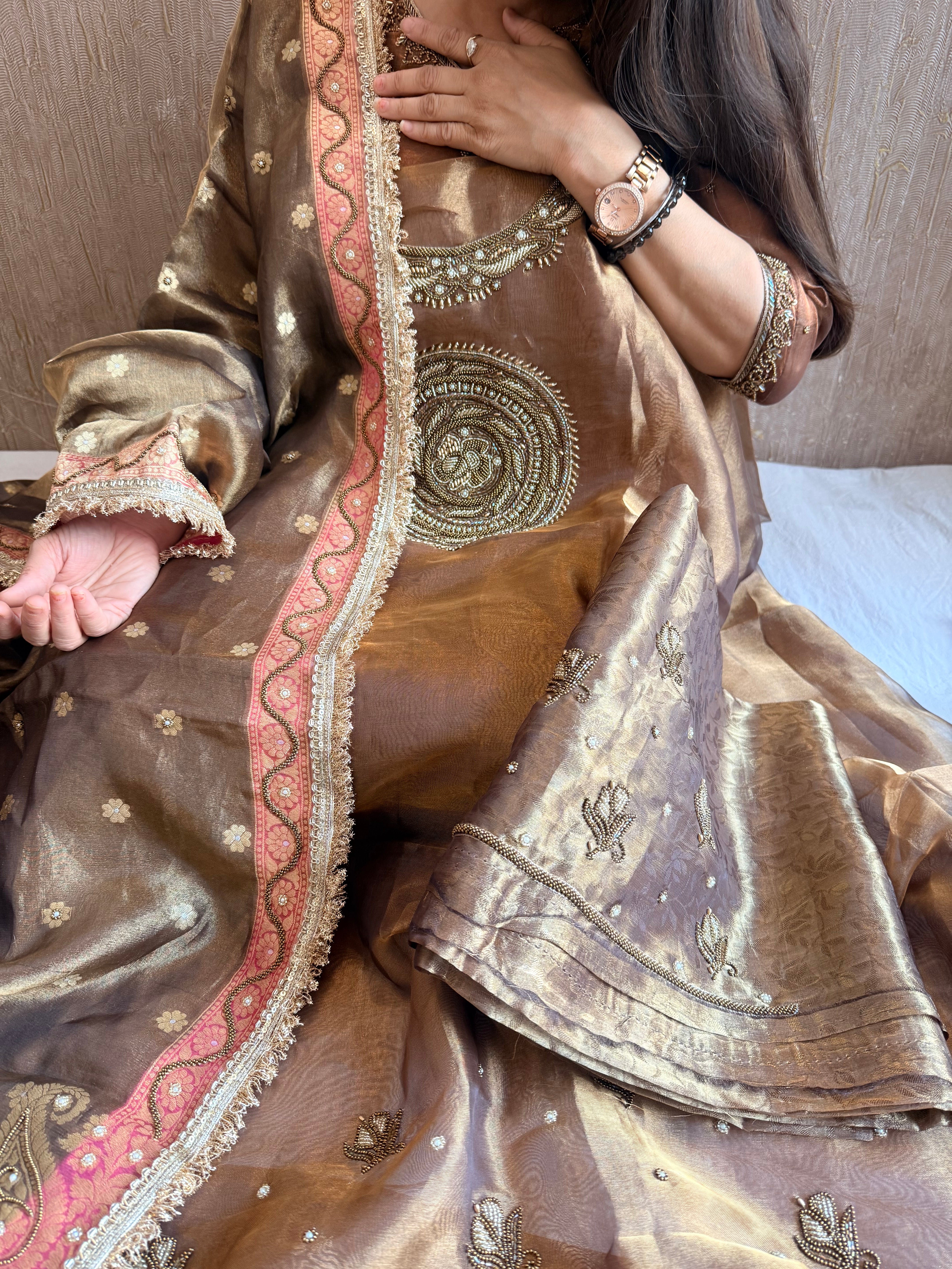 Jahnvi kapoor inspired mandala design molten brown tissue silk suit set