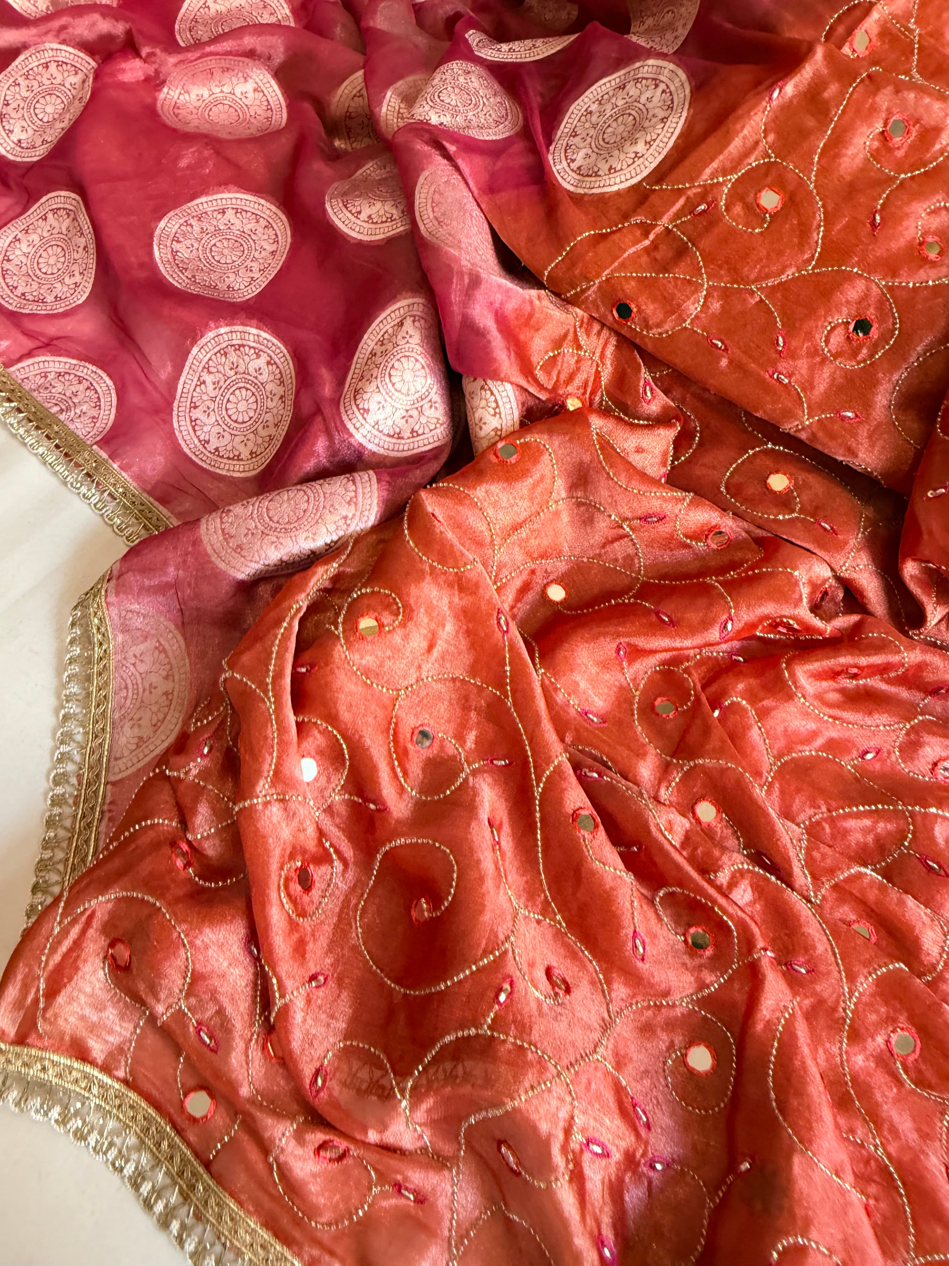 Tomato gajri red tissue silk half polka dot-half hand embroidered kadhwa saree