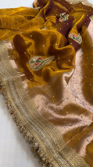 Baarat wali saree - Kanjivaram gold husn tissue silk peacock motif hand embroidered saree