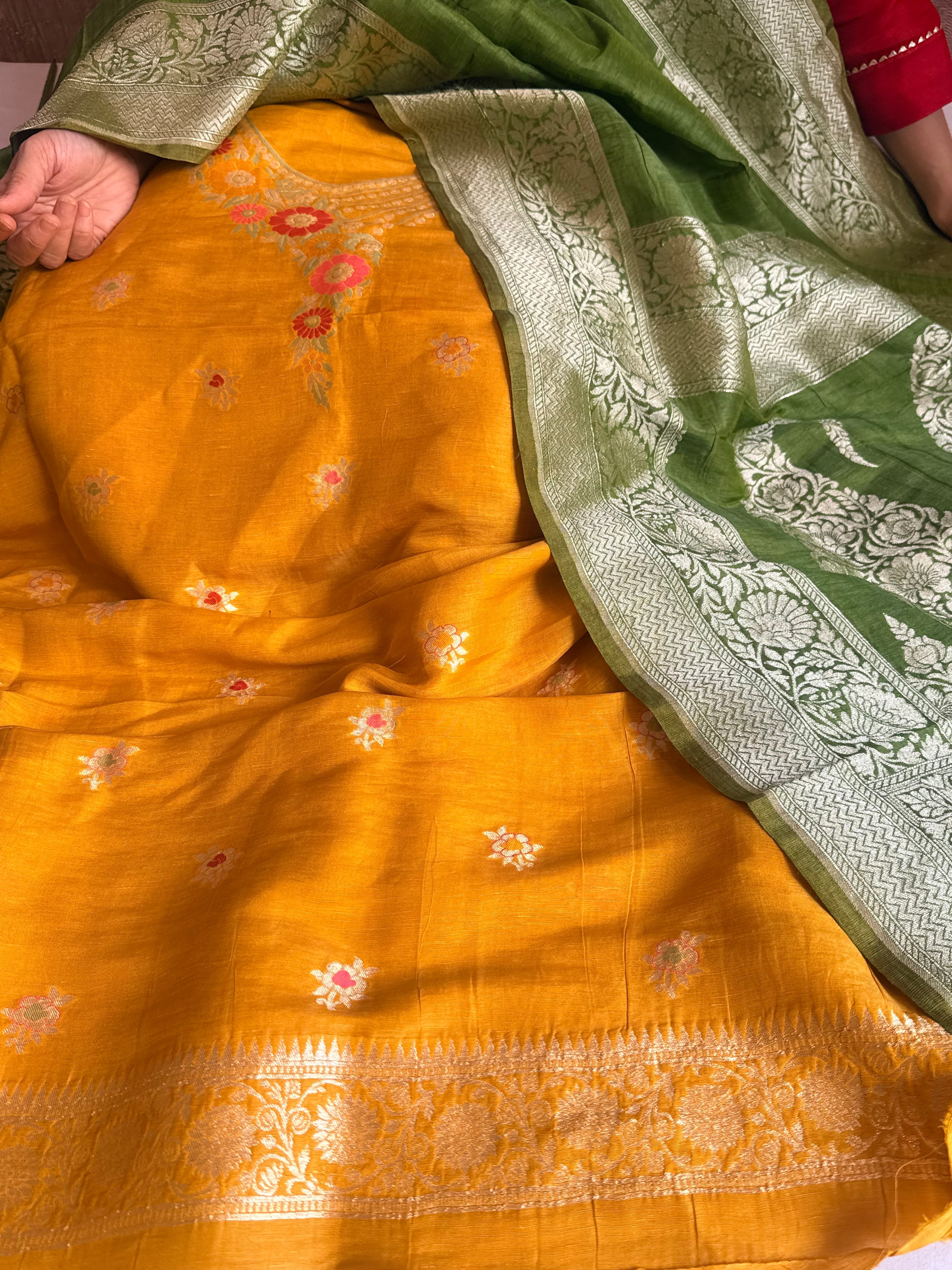 Banarasi linen gorgette neckwork weaving meenakari suit set