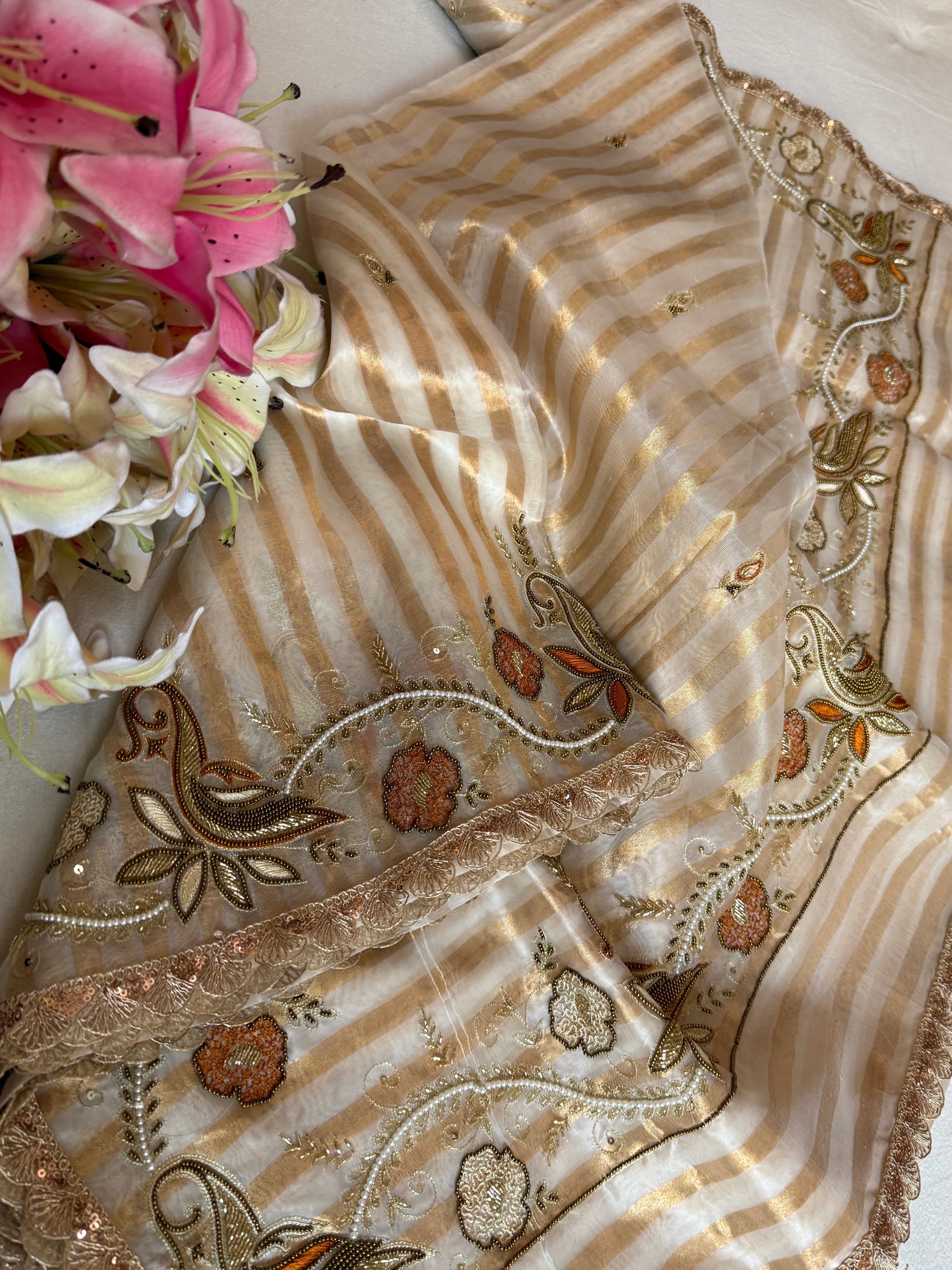 90s bollywood inspired Banarasi diamond tissue zari striped shikargah border meenakari tissue saree