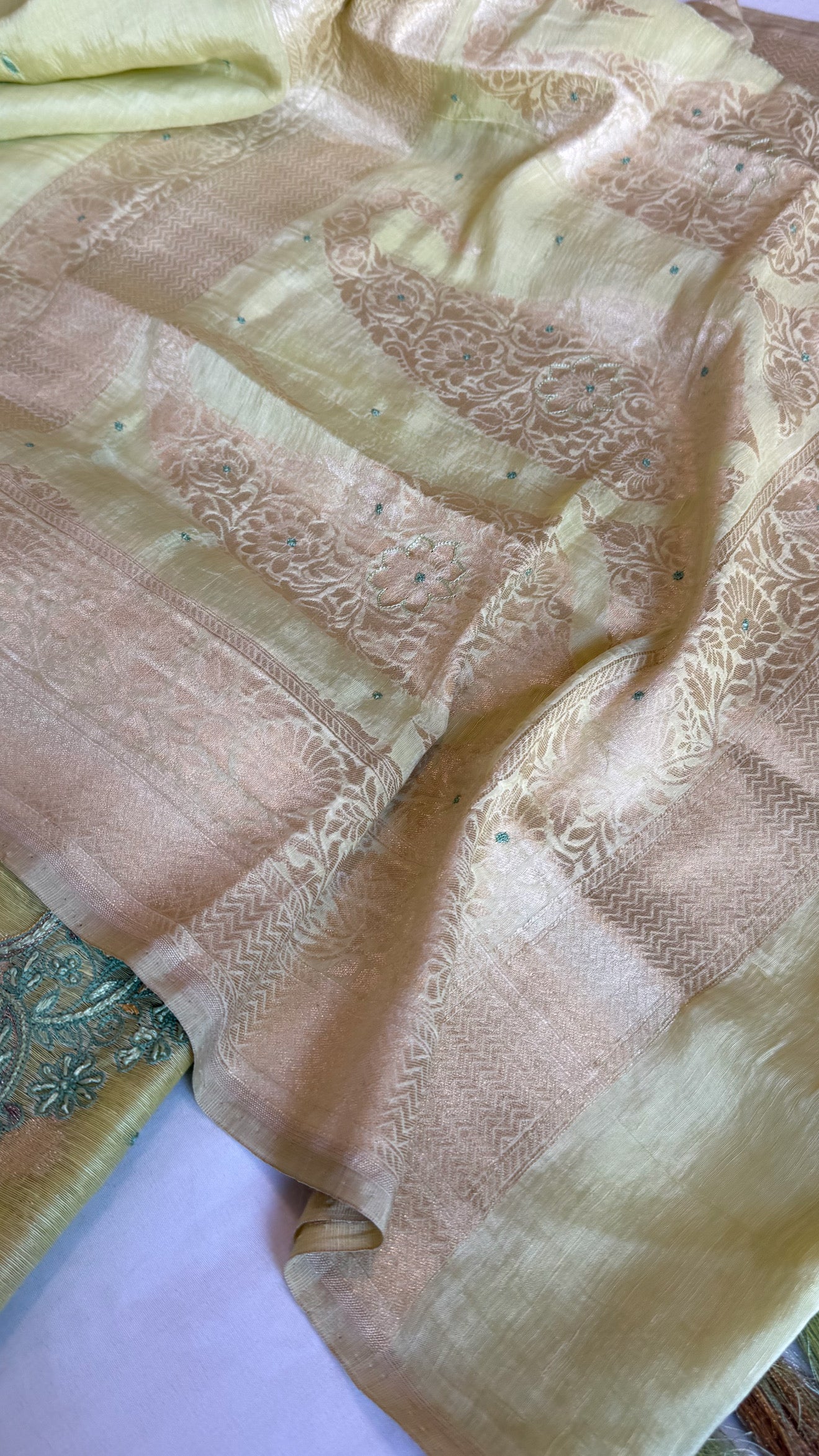 Lime green resham thread hand embroidered linen gorgette suit set