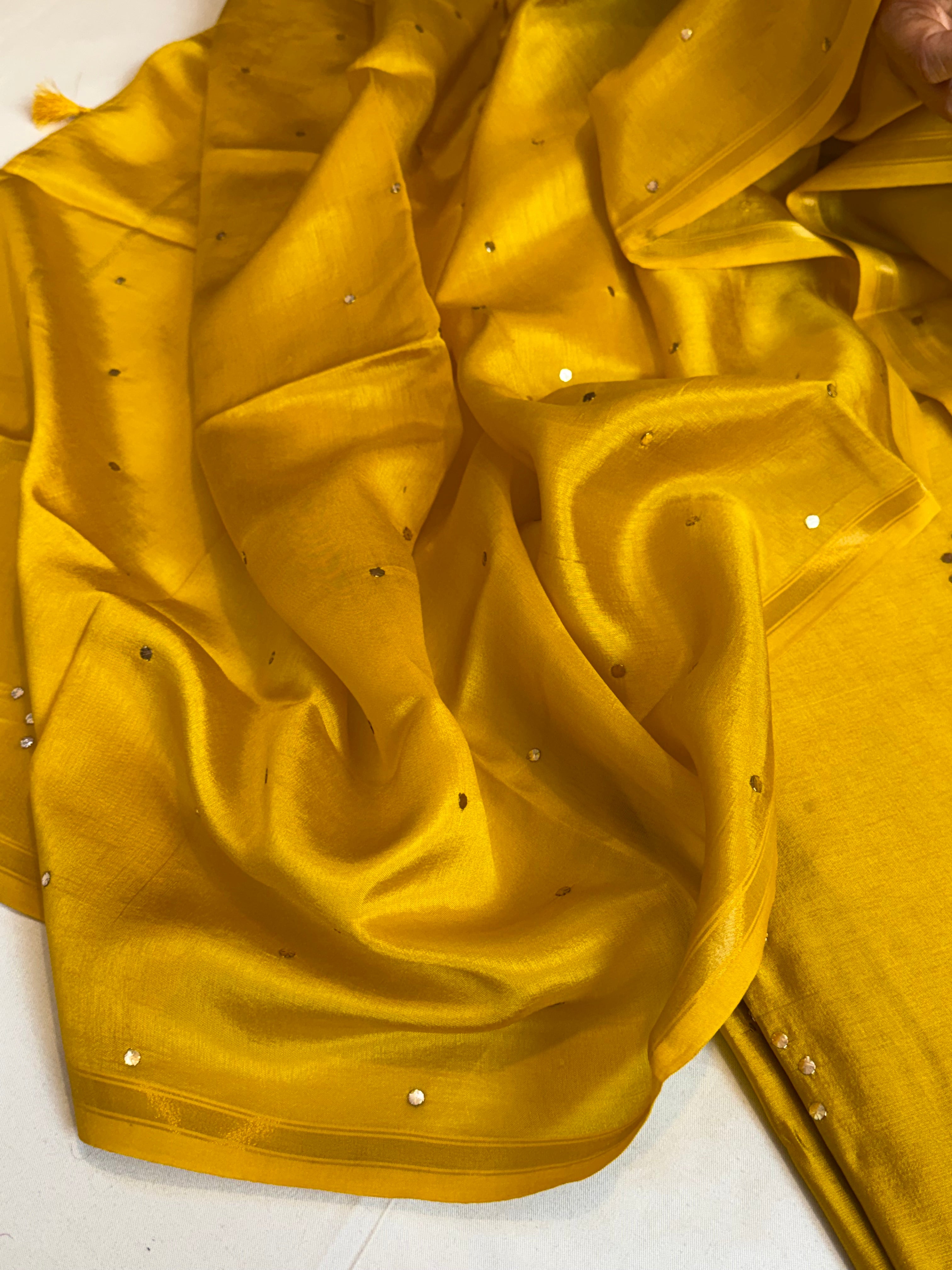 Mustard yellow raw mango silk mukaish work hand embroidered saree