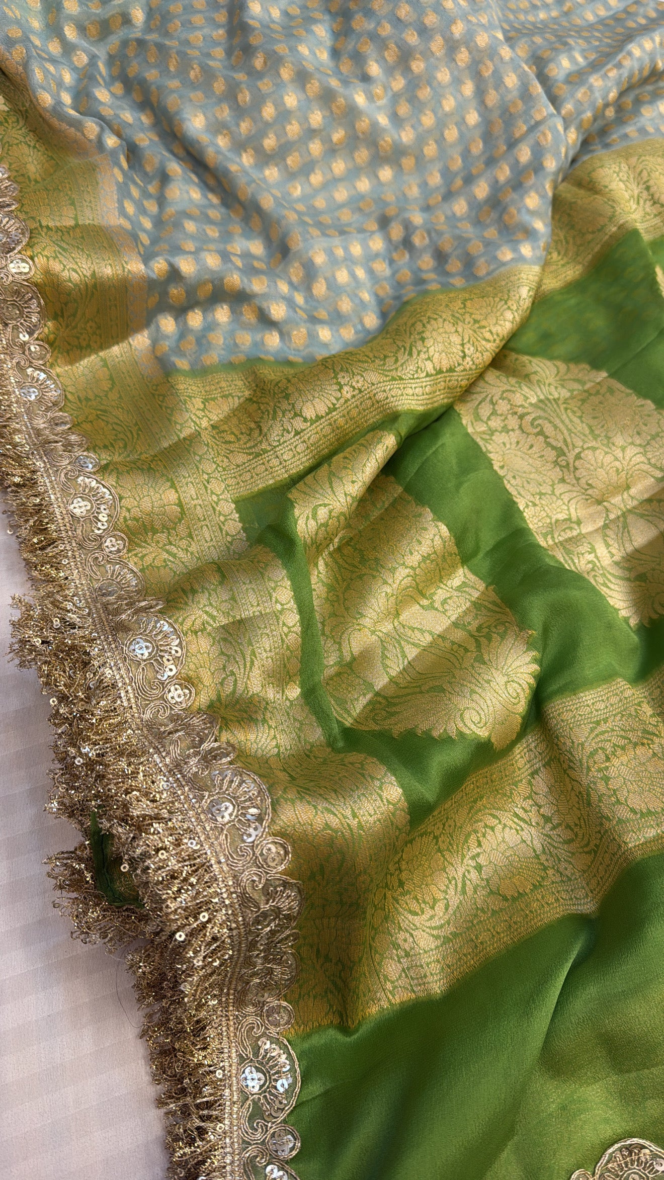 Banarasi chiffon gorgette chap dye contrast border kadhwa saree