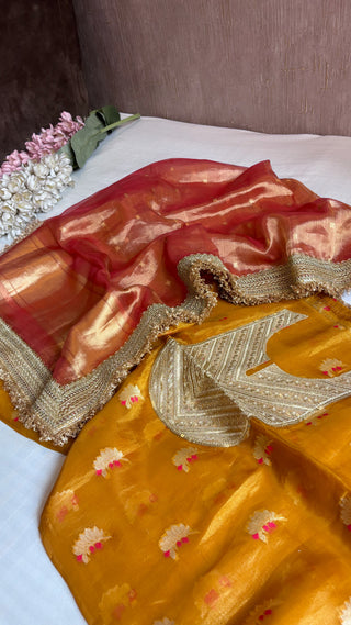 Heeramandi haldi yellow-rani pink contrast tissue silk suit set