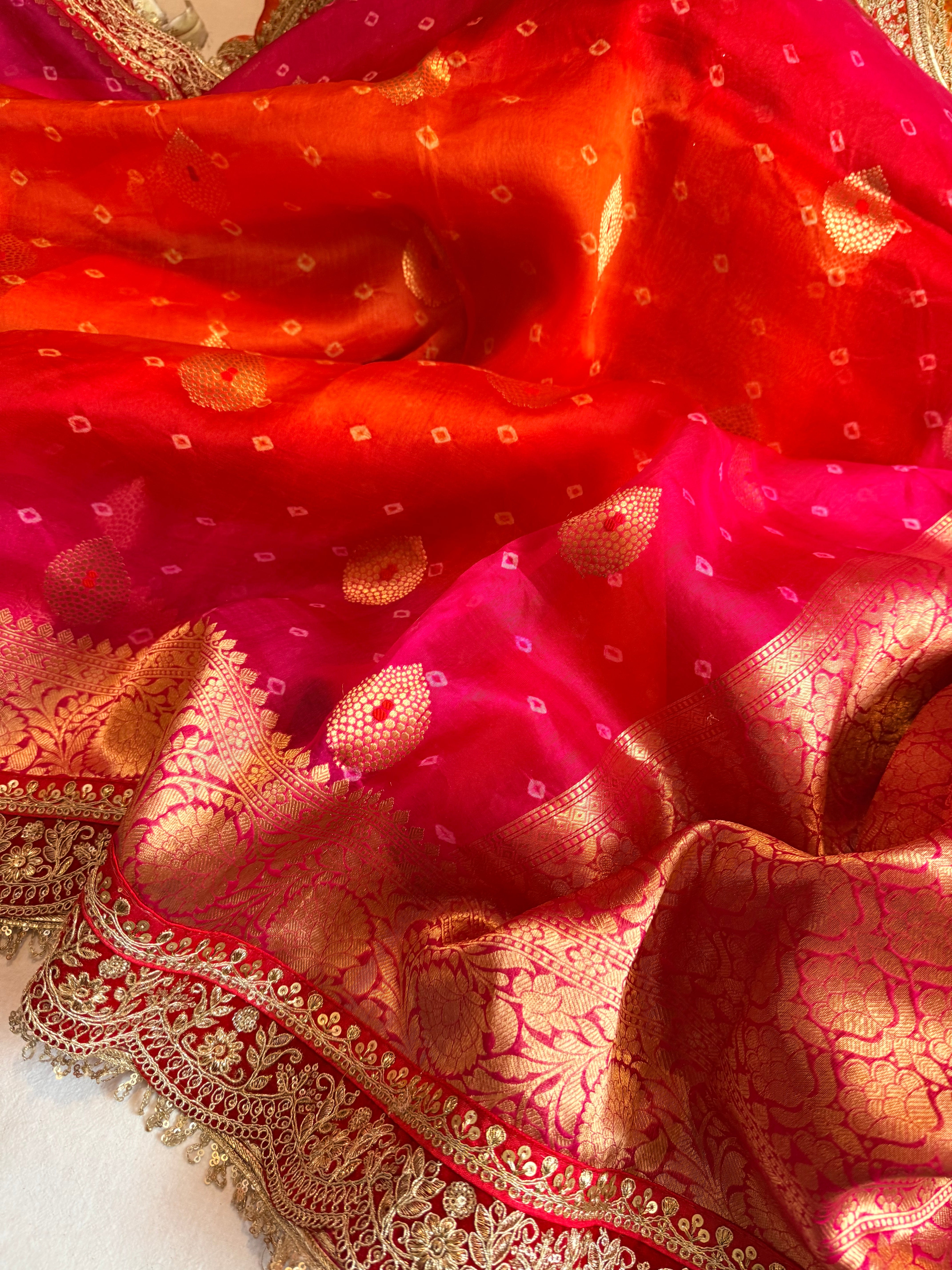 Mayra wali saree - Kora silk bandhej work meenakari gotapatti saree