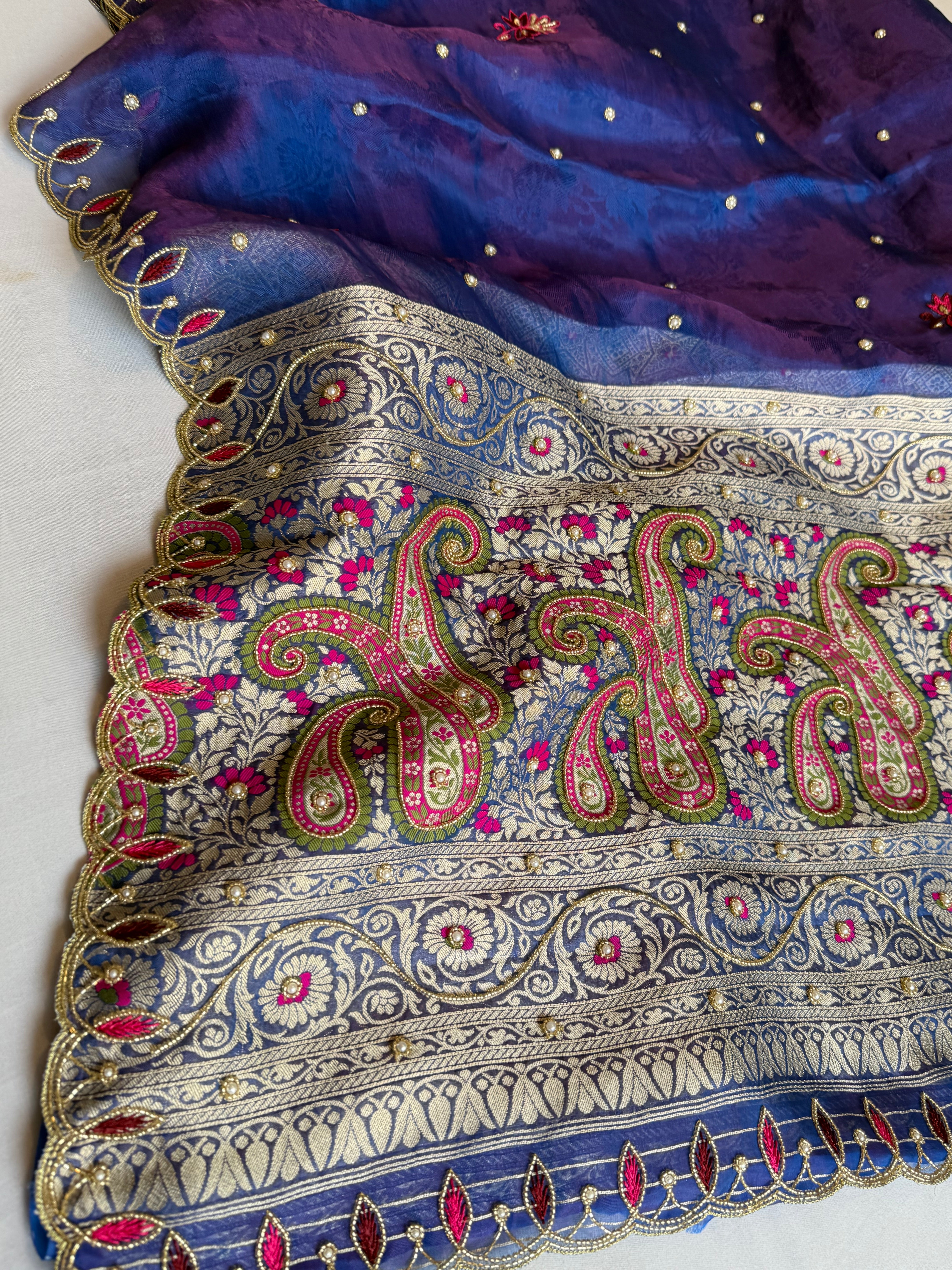 Electric midnight blue dhup chao effect meenakari tissue tanchoi jamevar pallu hand embroidered saree