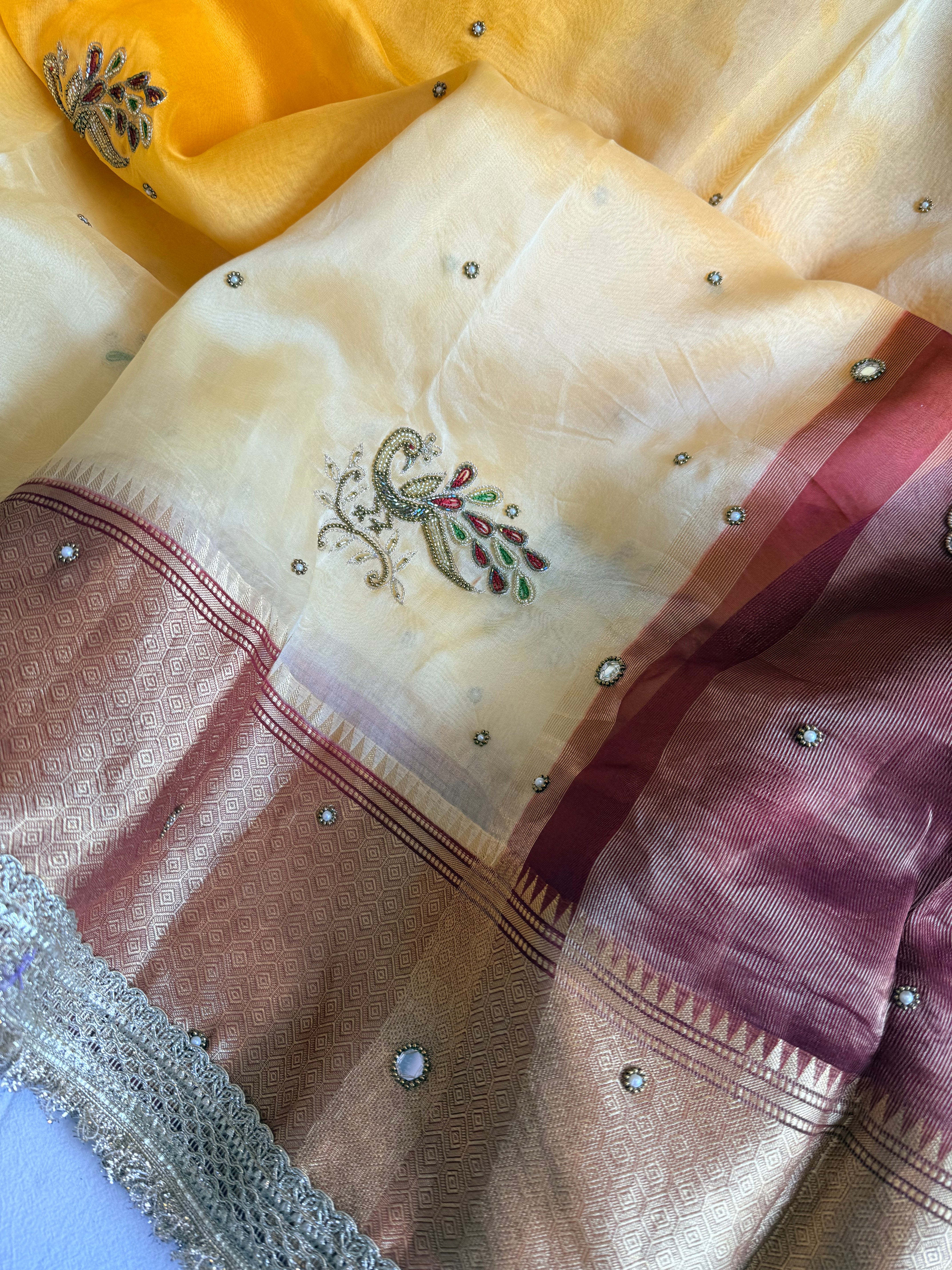 Husn ganga jamuna contrast border kora silk hand embroidered saree