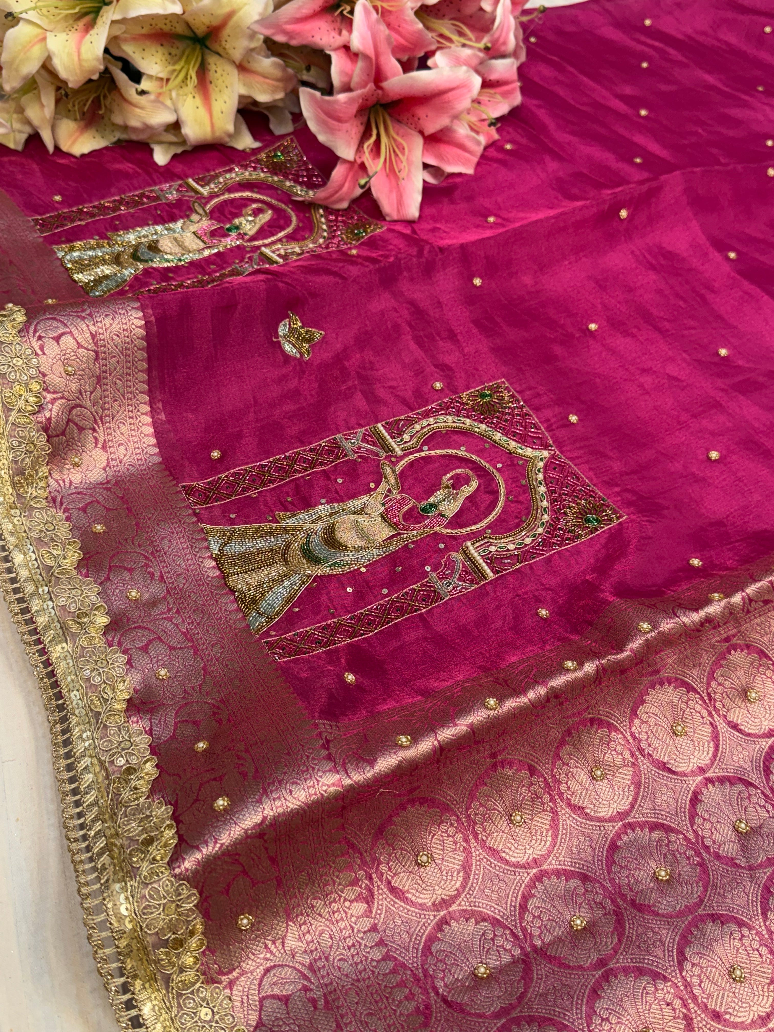 Karwachauth special - Hot metallic pink tissue silk hand embroidered kadhwa saree